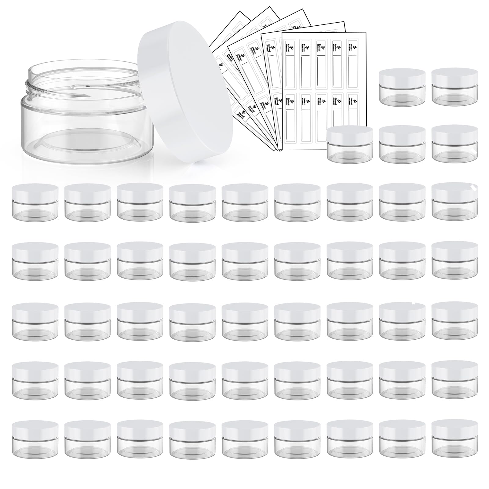 50 Pack 1 OZ Plastic Jars Round Clear Cosmetic Container Jar with White Lids, Eternal Moment Plastic Slime Jars for Lotion, Cream, Ointments, Makeup, Eye shadow, Rhinestone, Samples, Travel Storage