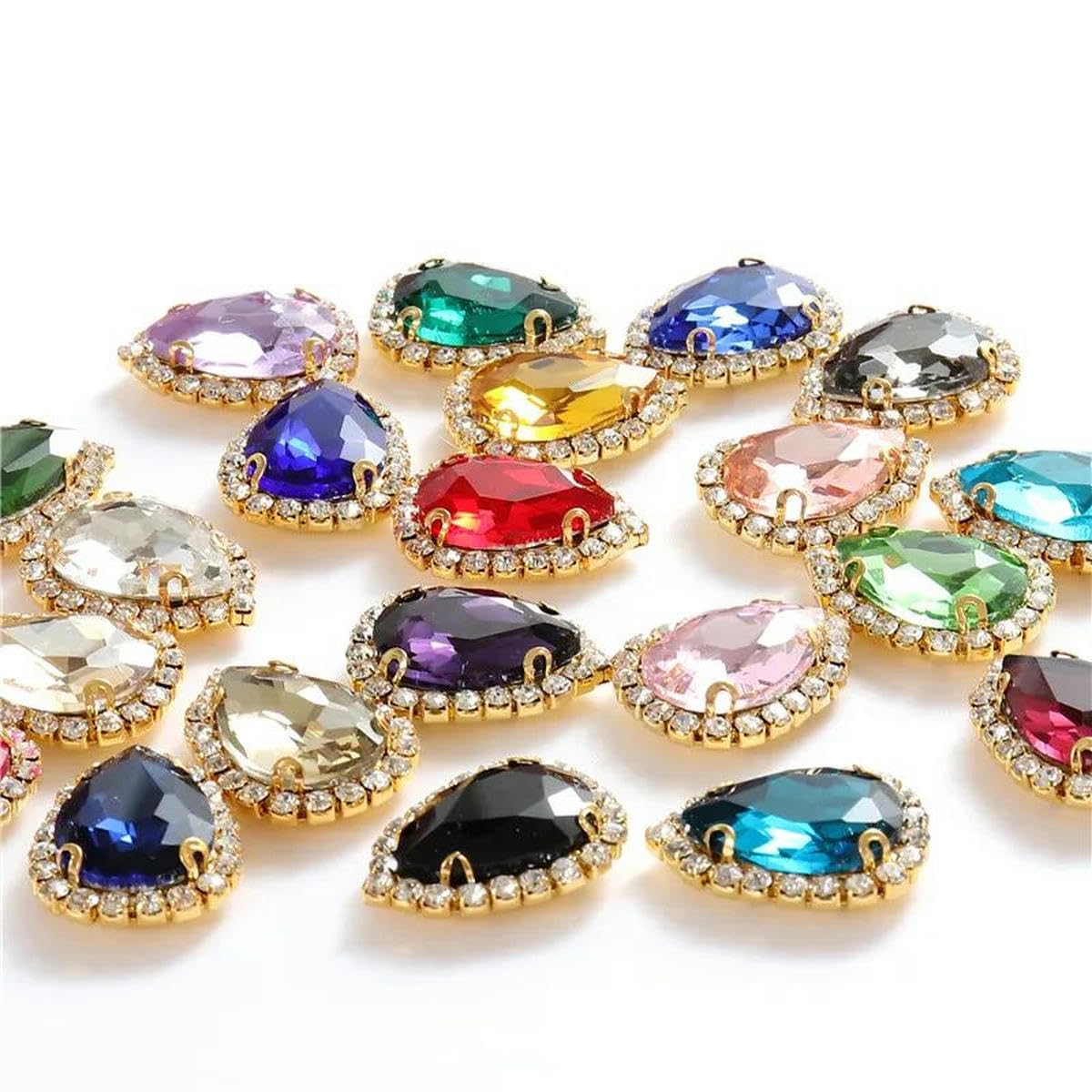 Bunte Strasssteine in Tropfenform zum Aufnähen aus Glas mit goldener Unterseite und flacher Rückseite für DIY-Kleidungszubehör-Rosa-13 x 18 mm-50 Stück