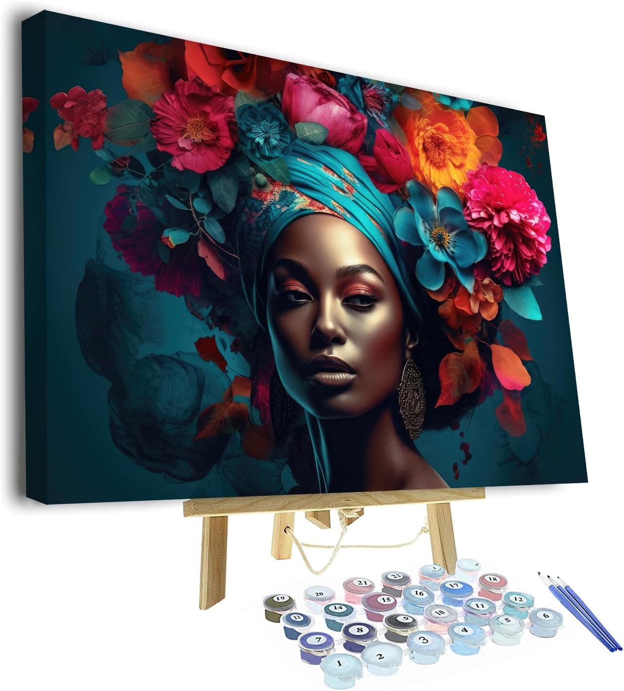 Paint By Number Kit for Adults Kid Black Woman in Floral Painting by Numbers Headband with Flowers Oil Painting Kits for Wall Decor Kids 16" x 20"(with Frame)