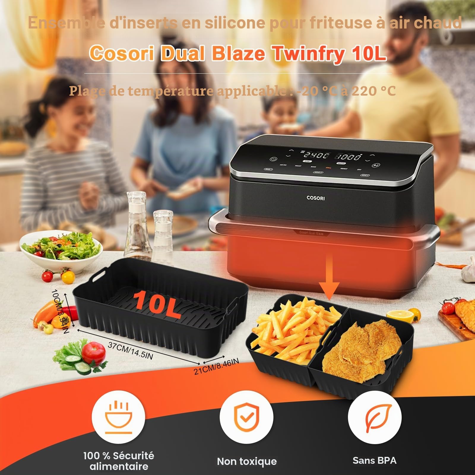 Moule Silicone Air Fryer pour COSORI Foodi Flex 10L Twinfry - 17Pièces Air Fryer Accessoires - 1x10L + 2x5L Silicone Réutilisable Plat, Grille Racks, Accessoires pour Cuisine