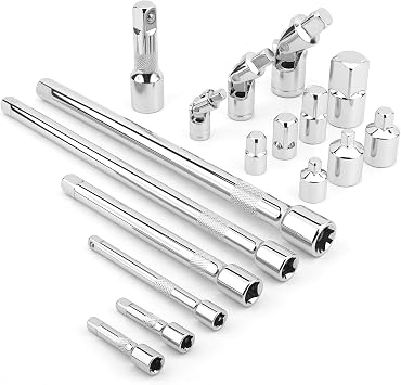 17 PCS Socket Extension Set, Ratchet Extension Bar Set 1/4", 3/8" and 1/2" Extension Set with 1/4", 3/8" and 1/2" Universal Joint & Adapter Set, Premium Chrome Vanadium Steel with Mirror Finish