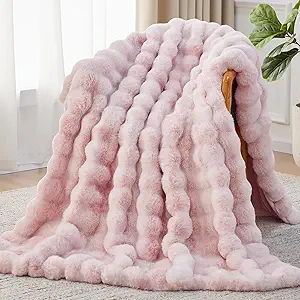 Faux Fur Throw Blanket, 1000GSM Fluffy Soft Bubble Blanket for Couch Bed, Cozy Plush Warm and Thick Blanket, Fuzzy Rabbit Lola Throw for Living Room Bedroom 80''*90'' Pink