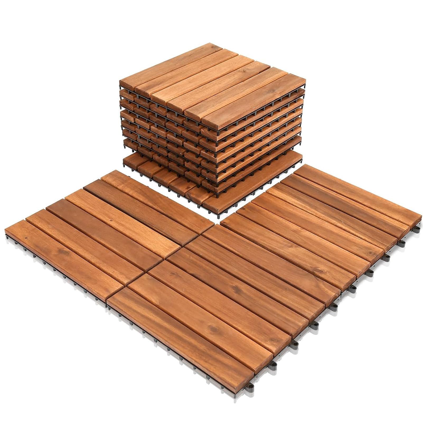 Piastrelle in Legno a Incastro (tagliabili) 6-Slat-9pc | Pavimentazione per esterni in legno massello di acacia (30x30 cm) con sistema a incastro, base in PE e design drenante