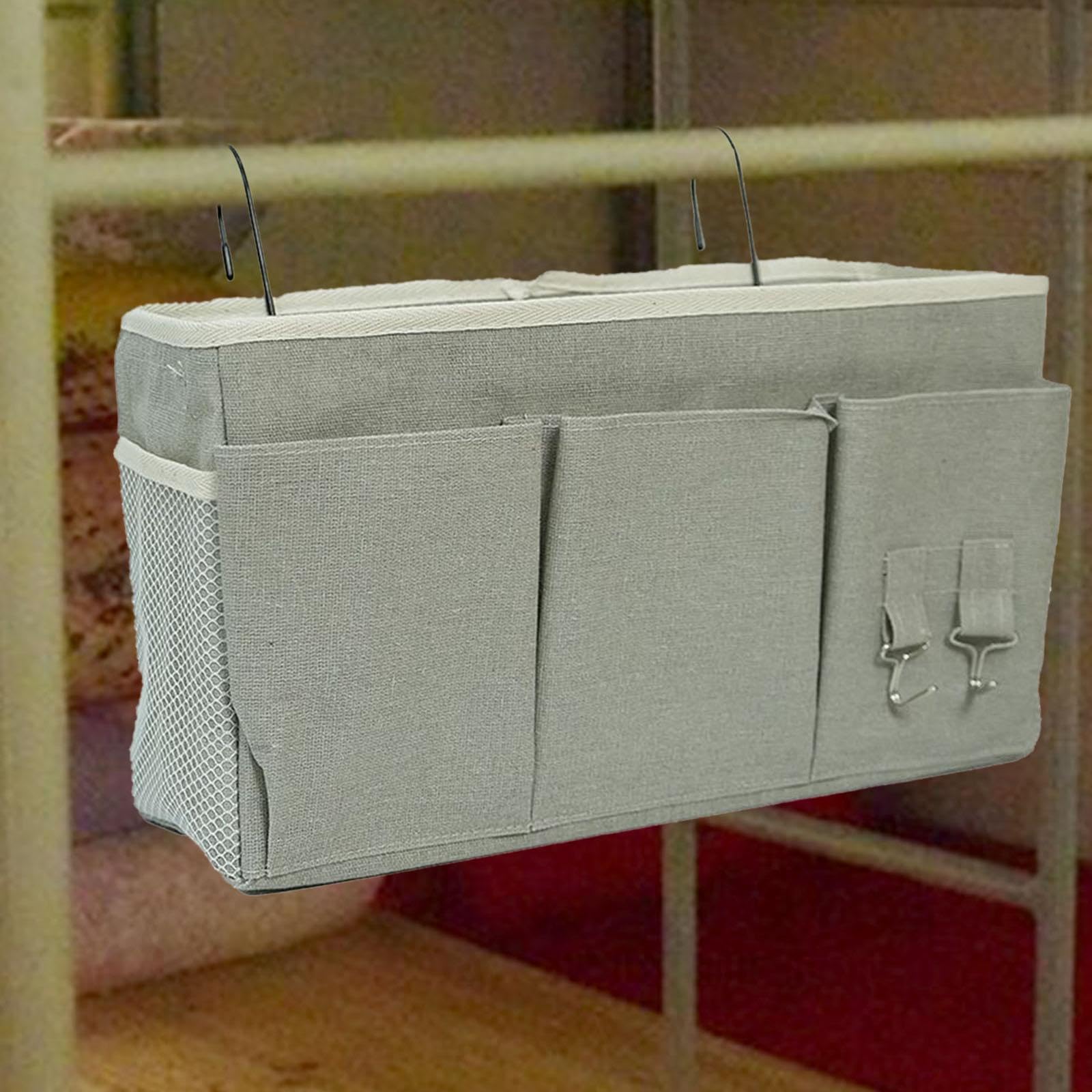 Qianly Bedside Organizer Bett Hängekorb Aufbewahrungstasche Organizer Stoff Leinen mit Taschen Funktion für Studentenwohnheim Schlafbereich Büro Zuhause, Grau