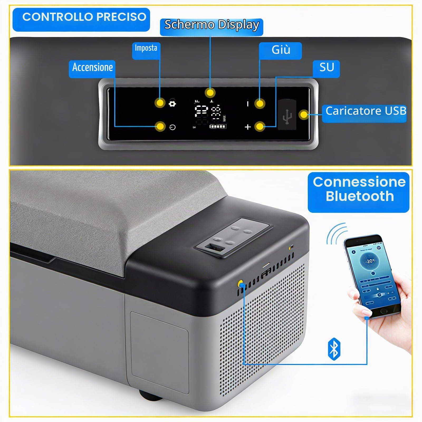 Frigorifero Portatile Auto 12V, Frigo Compressore da Campeggio -20℃~20℃, Mini Congelatore per Auto Camper SUV e Viaggi, Raffreddamento Rapido per Bevande, Alimenti e Outdoor