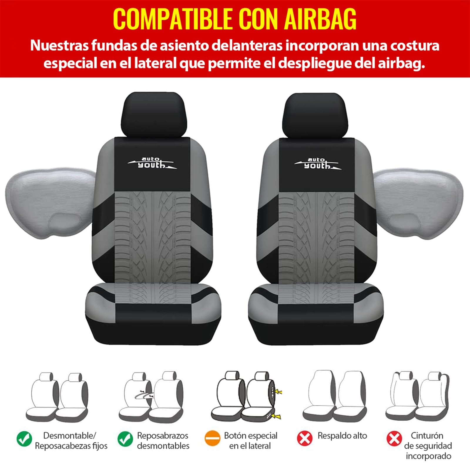 AUTOYOUTH Funda de Asiento de Coche Ajuste Universal Juego Completo de Fundas Protectoras para Asientos Coche Pistas de Neumáticos Accesorios de Asiento de Coche, Gris
