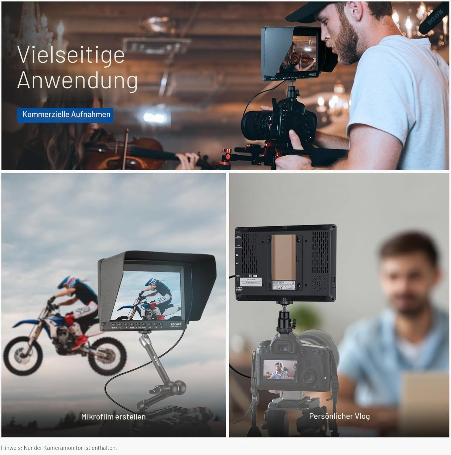 NEEWER 7Zoll Kamera Feldmonitor, HD Videoassistent IPS 1280 x 800 HDMI 1080p mit 4400mAh F750 Akku, Sonnenblende und 360° Kugelkopf für DSLR Camera, Handstabilisator, Film Video Erstellungsgerät, F100