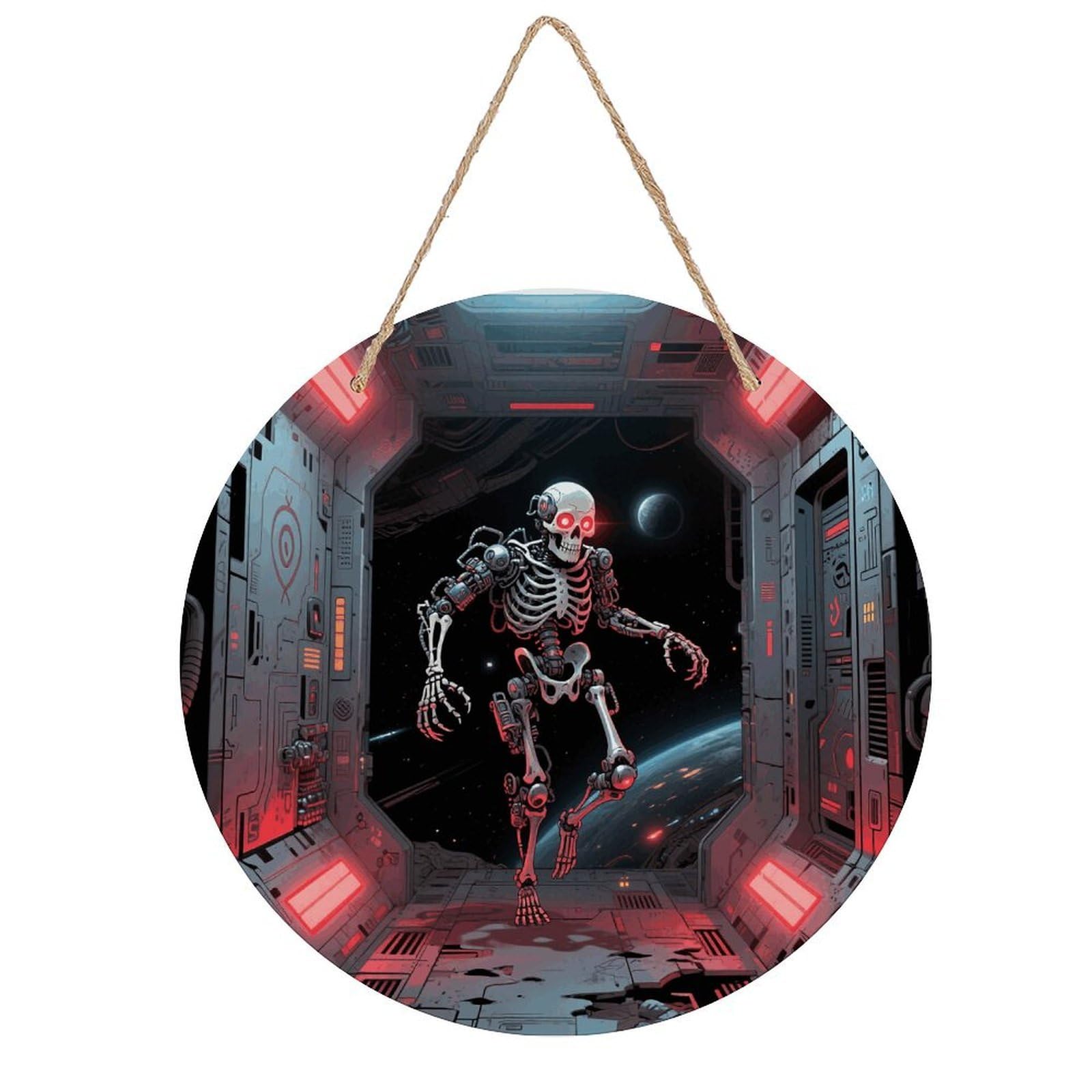 VstaDank Skull Wall Decor Round Wood Hanging Sign 7.9x7.9 in Wooden Circle Door Hanger with Ropes, Rustic Wall Art Decor for Home Front Door Indoor Outdoor Decoration