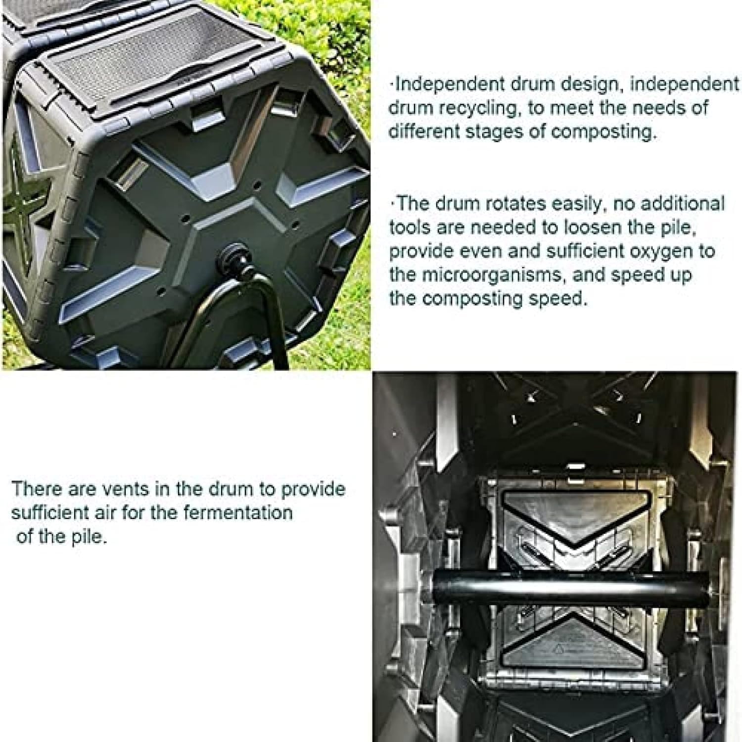 Compostiera A Tamburo Grande da 74 Galloni/280 Litri, Compostaggio per Esterni, Compostaggio da Giardino A Quattro Camere, Facile da Montare, Compostaggio per Rifiuti da Giardino
