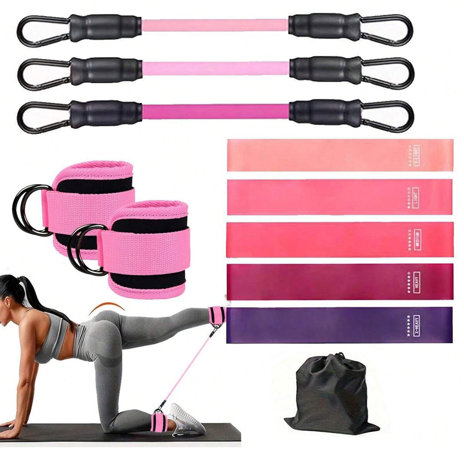 LEBKFT 11-Piece Pink Resistance Bands Set with Ankle Cuffs, Home Gym Booty Exercise Equipment for Women and Men Leg & Glute Workout for Pilates Yoga and Strength Training