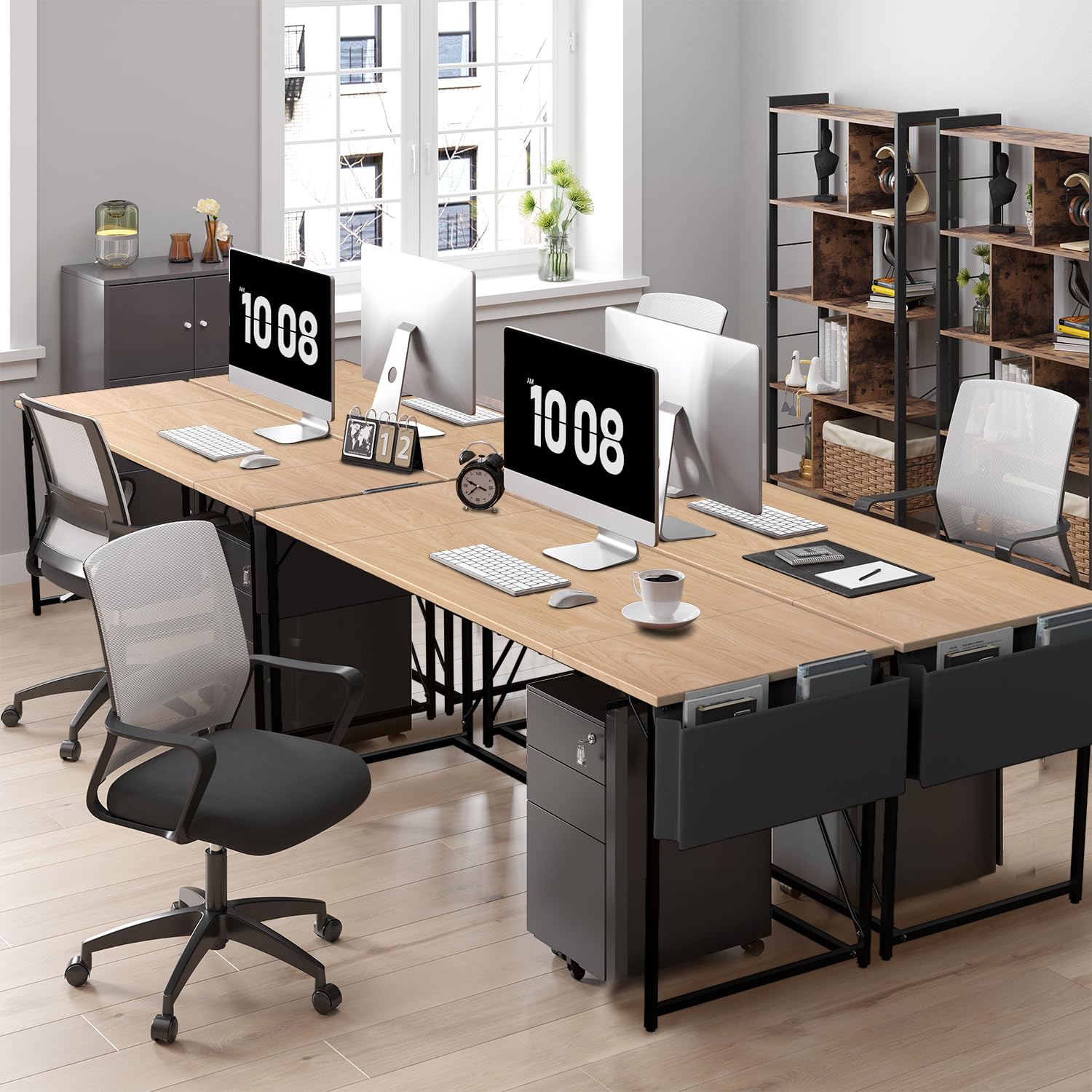 Devoko Scrivania per Computer, Scrivania PC da Ufficio, Scrivania salvaspazio per Studio, Scrivania da Lavoro con Borsa Portaoggetti e Gancio para, Struttura in Metallo 140 x 50 x 75 cm, Beige