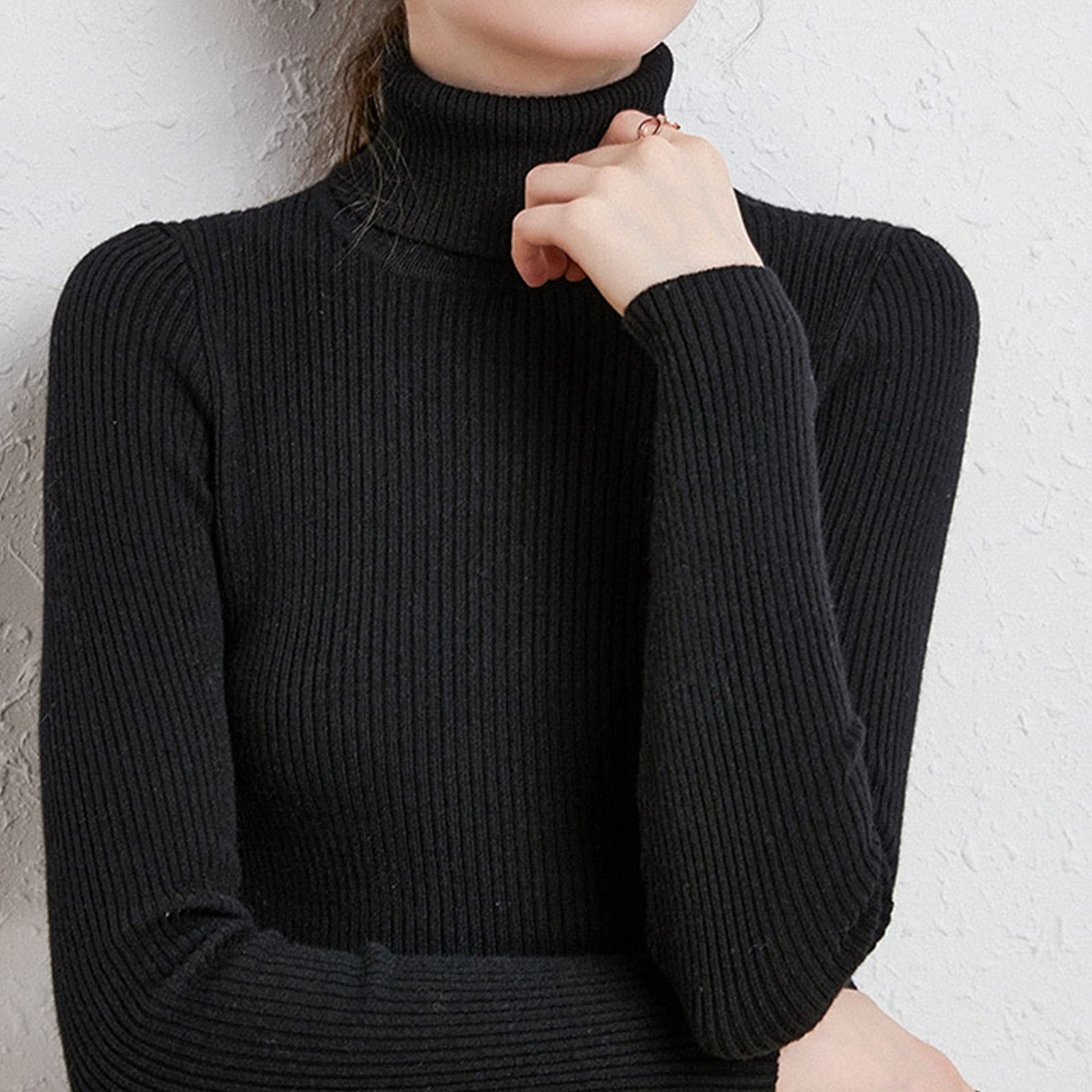 EMDPBD Sweter damski z golfem, dzianinowy sweter z długim rękawem ciepły sweter na co dzień ciepły dzianinowy sweter topy, czarny-XL