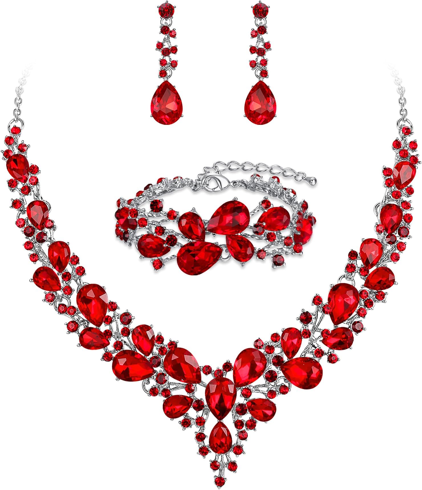 Wedding Bridal Jewelery for Women Austrian Crystal Teardrop Cluster Statement Necklace Dangle Earrings Link Bracelet Set