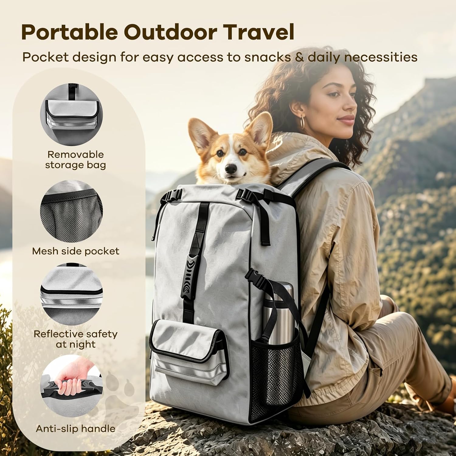 Pet Travel Backpack, Gray, with Storage Pockets and Adjustable Safety Buckle, Suitable for Small to Medium Dogs Weighing no More Than 30 pounds