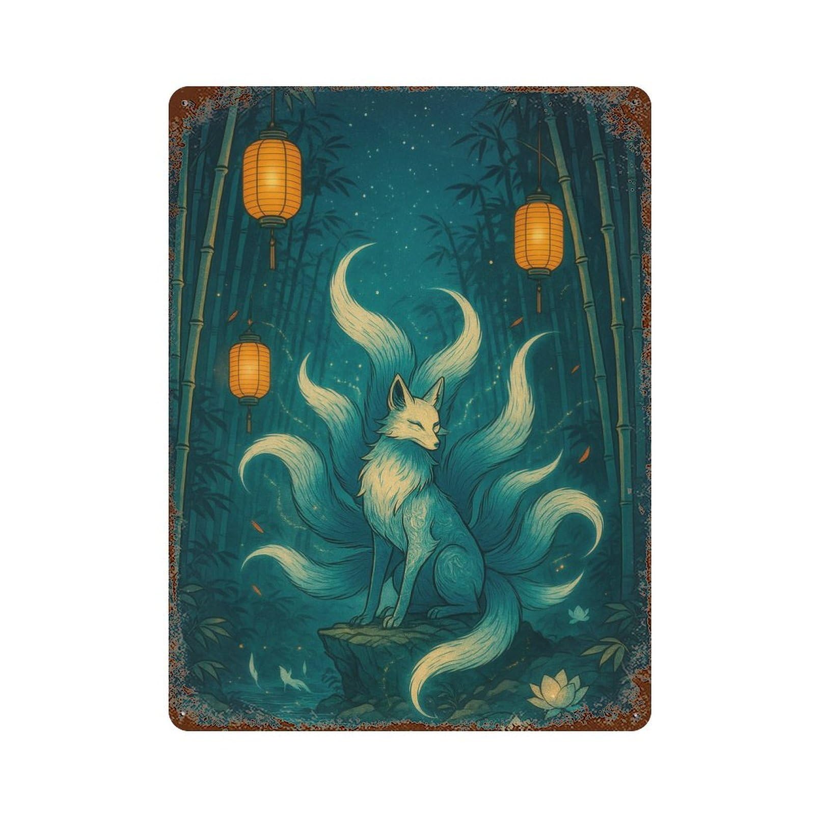 Decorative Tin Sign with Nine-tailed Fox in Bamboo Forest Design 15.7"x11.8", for Basement, Hobby Room And Garage Decor, Farmhouse Wall Decor