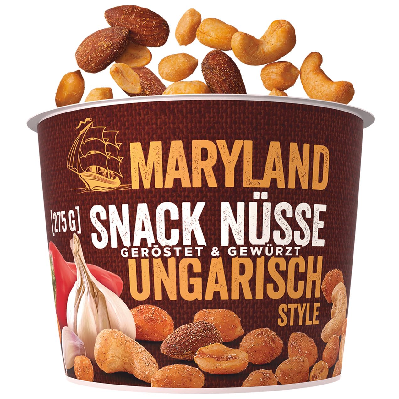 Maryland Snack Nüsse Ungarisch Style – Knackige Nüsse mit der typischen Würzung aus Paprika, Zwiebel und Knoblauch – Voller Snack-Genuss (1 x 275g)