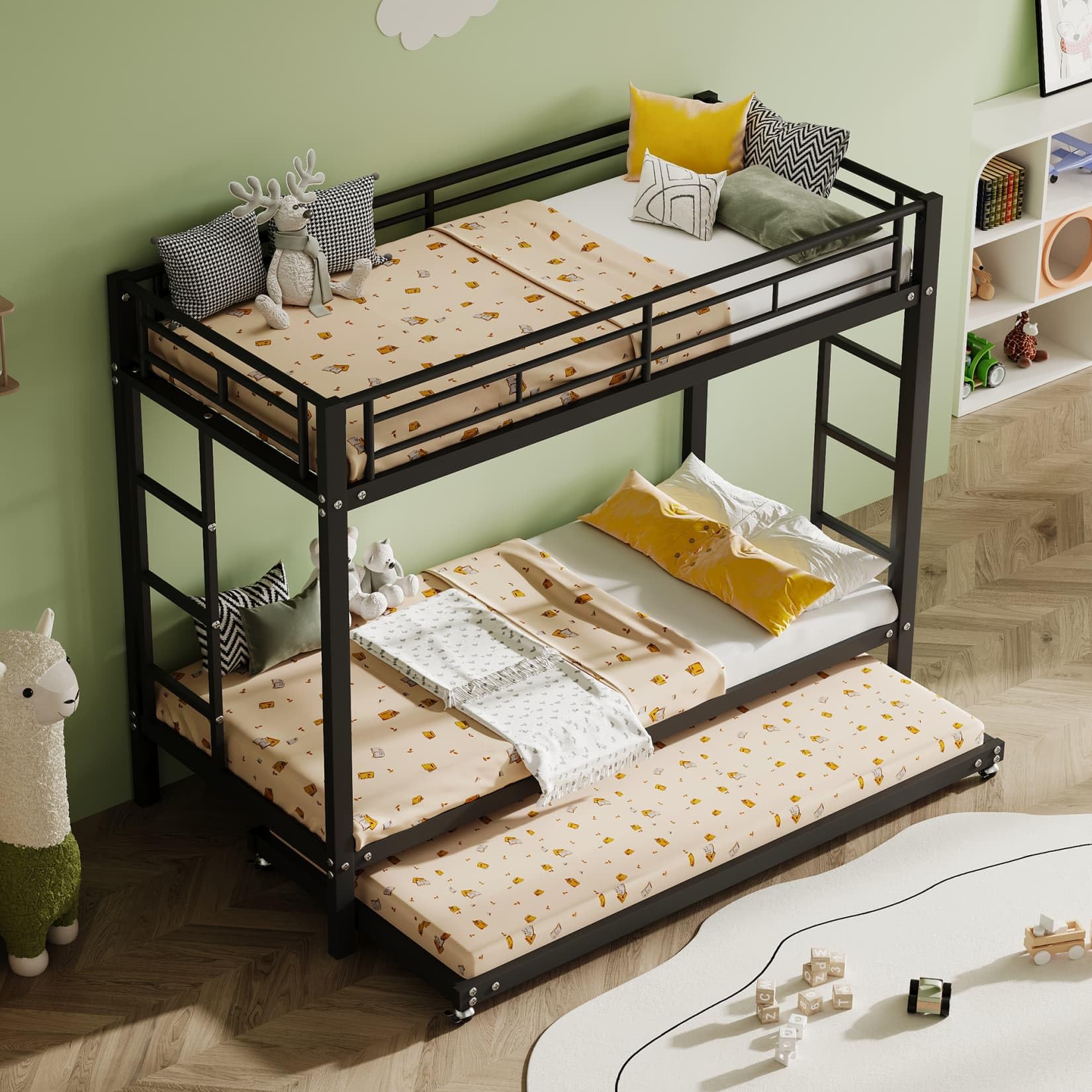 PUGSDRLY Lit Superposé 90x200cm avec Lit Gigogne 90x190(C-Noir) | Sommier à Lattes Solide,Structure Métallique,Escalier,pour Garçons Filles,Sans Matelas
