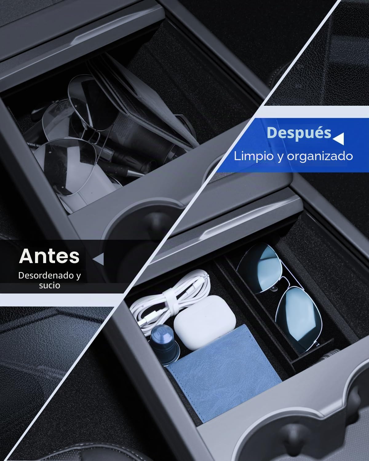 4 accesorios para Tesla Model 3 2024-2026 organizador de consola central, bandeja organizadora de silicona, caja de almacenamiento para reposabrazos y caja oculta (flocado)