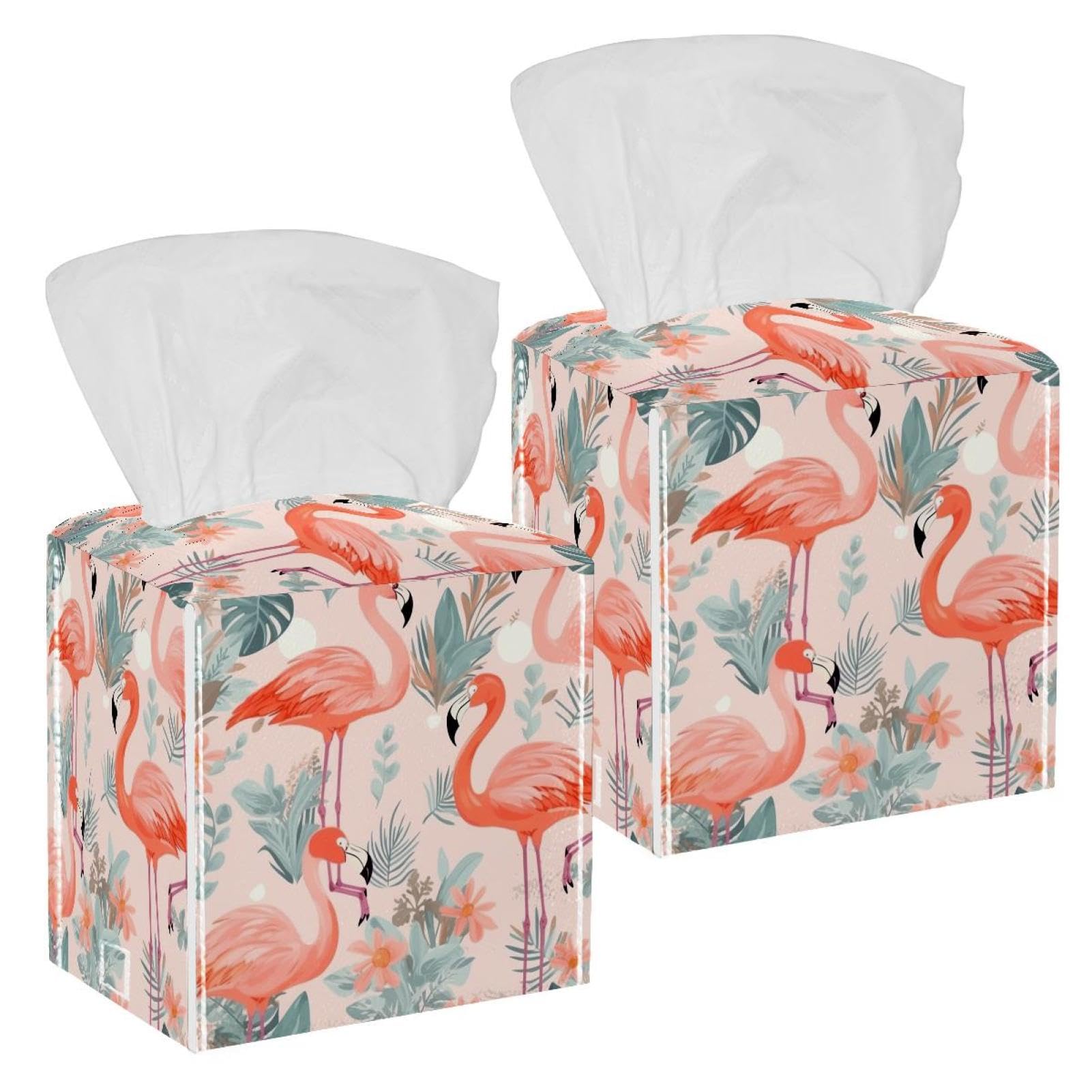 Flamingo Rainbow Tissue Box Cover, 2 Pack PU Leather Square Facial Tissue Dispenser Box holder for Home Office Car