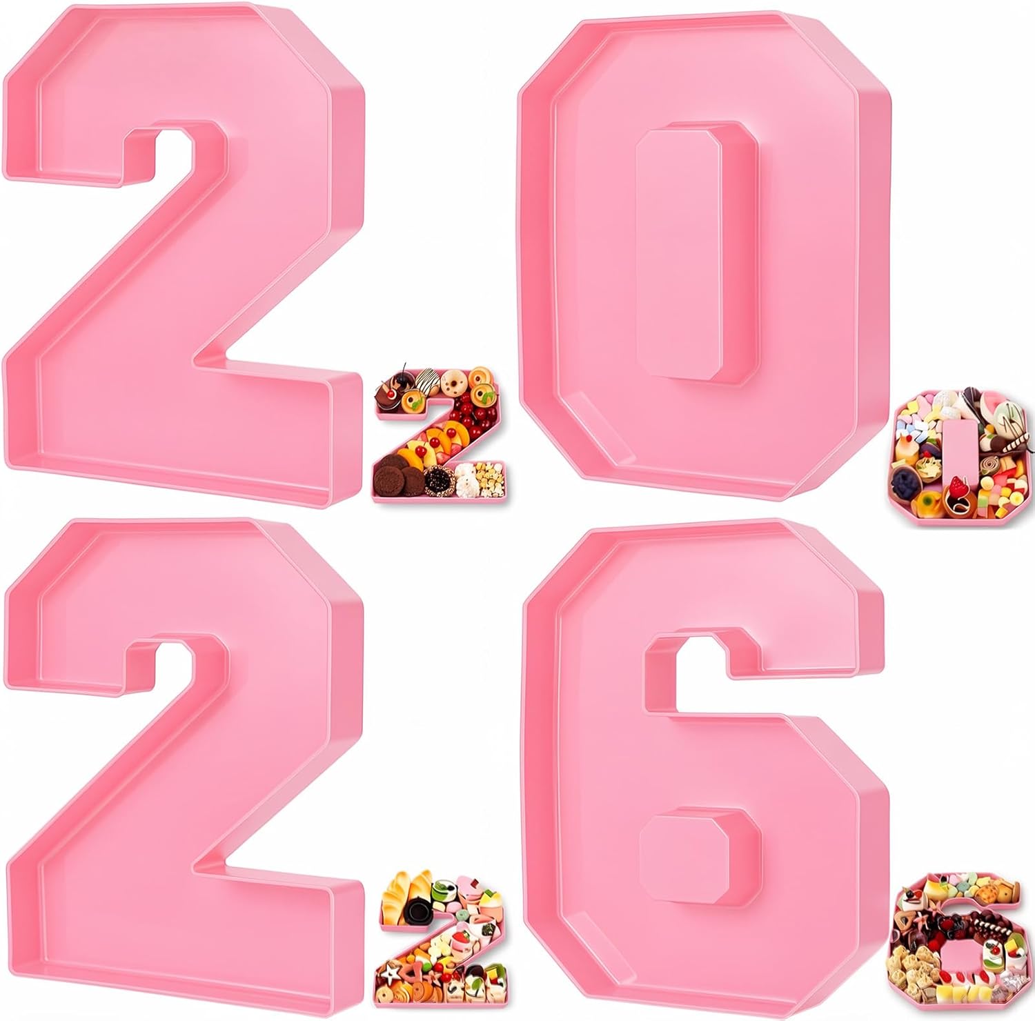 Tellingyou 2026 Charcuterie Number Fillable Plastic Boxes 13.7" Graduation Large Fillable Tray Numbers for Chocolate Candy Snack Grad Party Supplies(Pink)