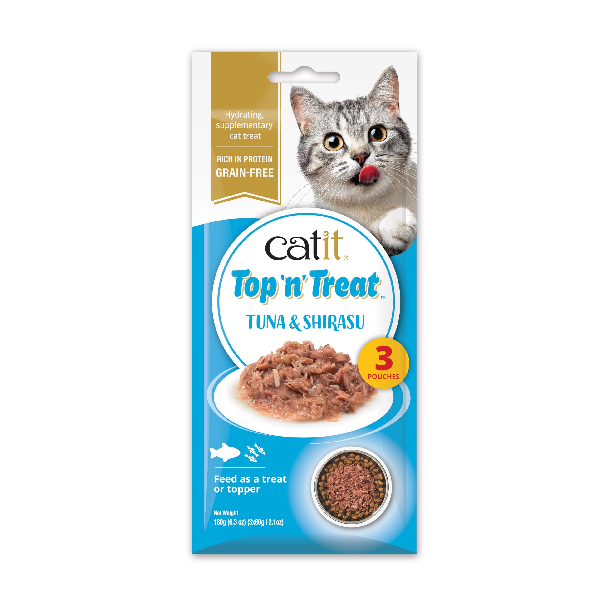 Catit Top N Treat, Wet/Dry Cat Food Topper, Grain-Free Cat Treat Topper, Tuna & Shirasu Flavour, 3x60g
