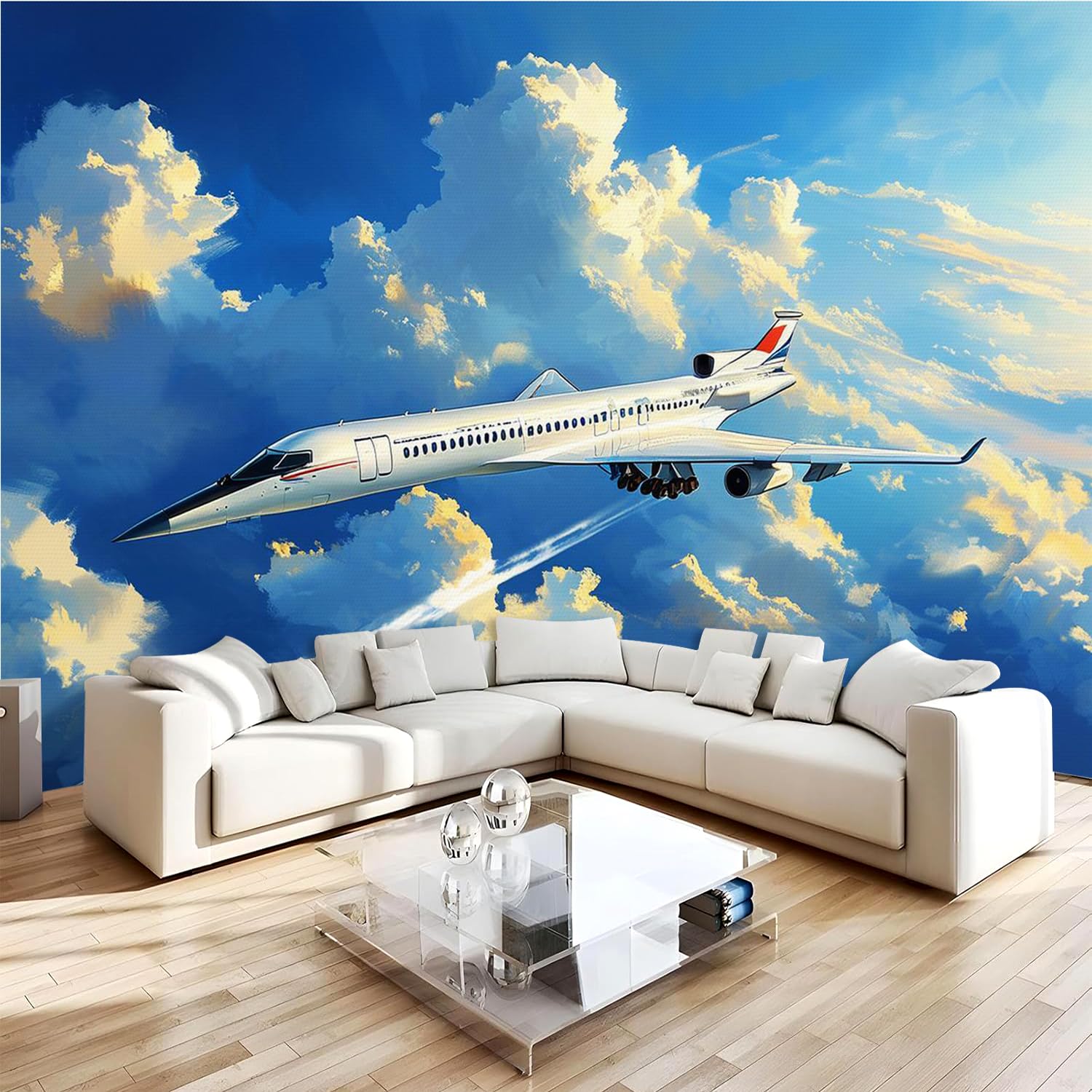 Générique Papier Peint Panoramique 3D 300x210 cm Avion Non-tissé Murale Maison Décoration Intérieure Ciel Nuages pour Chambre Salon Mur TV Artistique Poster Décoration Murale 2N1640
