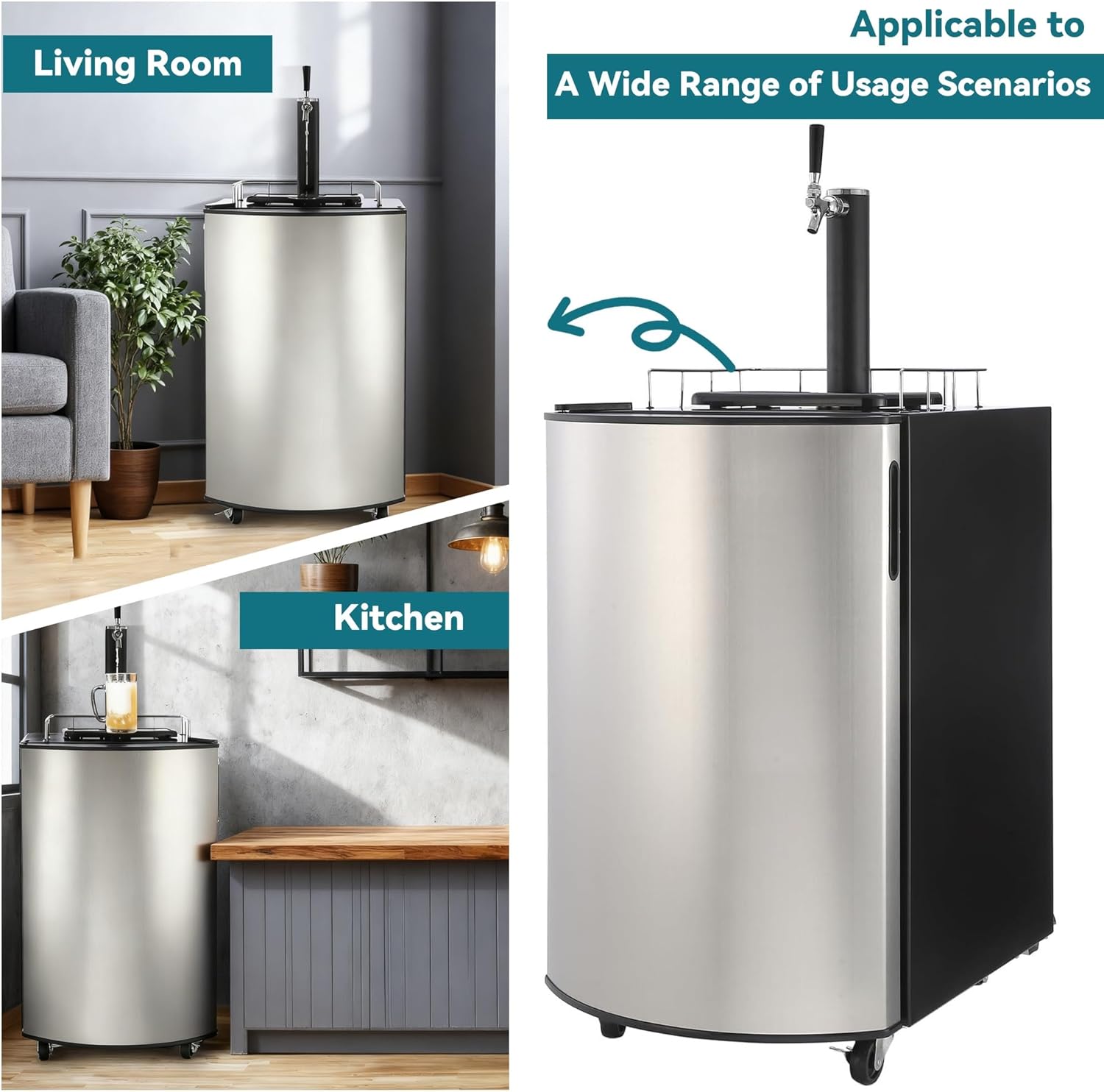 Full Size Stainless Steel Beer Kegerator 128L Draft Beer Dispenser With Drip Tray Fits 1/2, 1/4 Pony & 1/6 Kegs Adjustable Temp 32°F-50°F