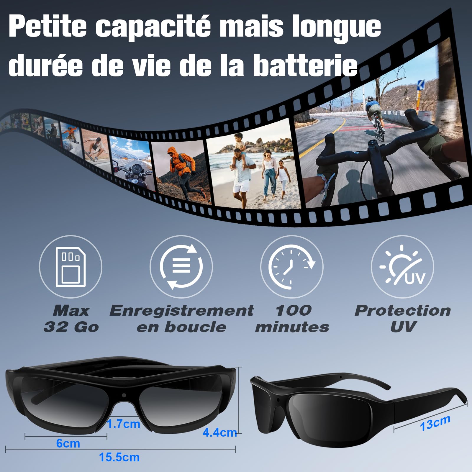 Lunettes Caméra HD1080P, Caméra d'action avec Lunettes de Soleil, Enregistreur Vidéo de Lunettes avec Carte Micro SD de 16 Go pour Le Camping, la pêche et d'autres activités de Plein air