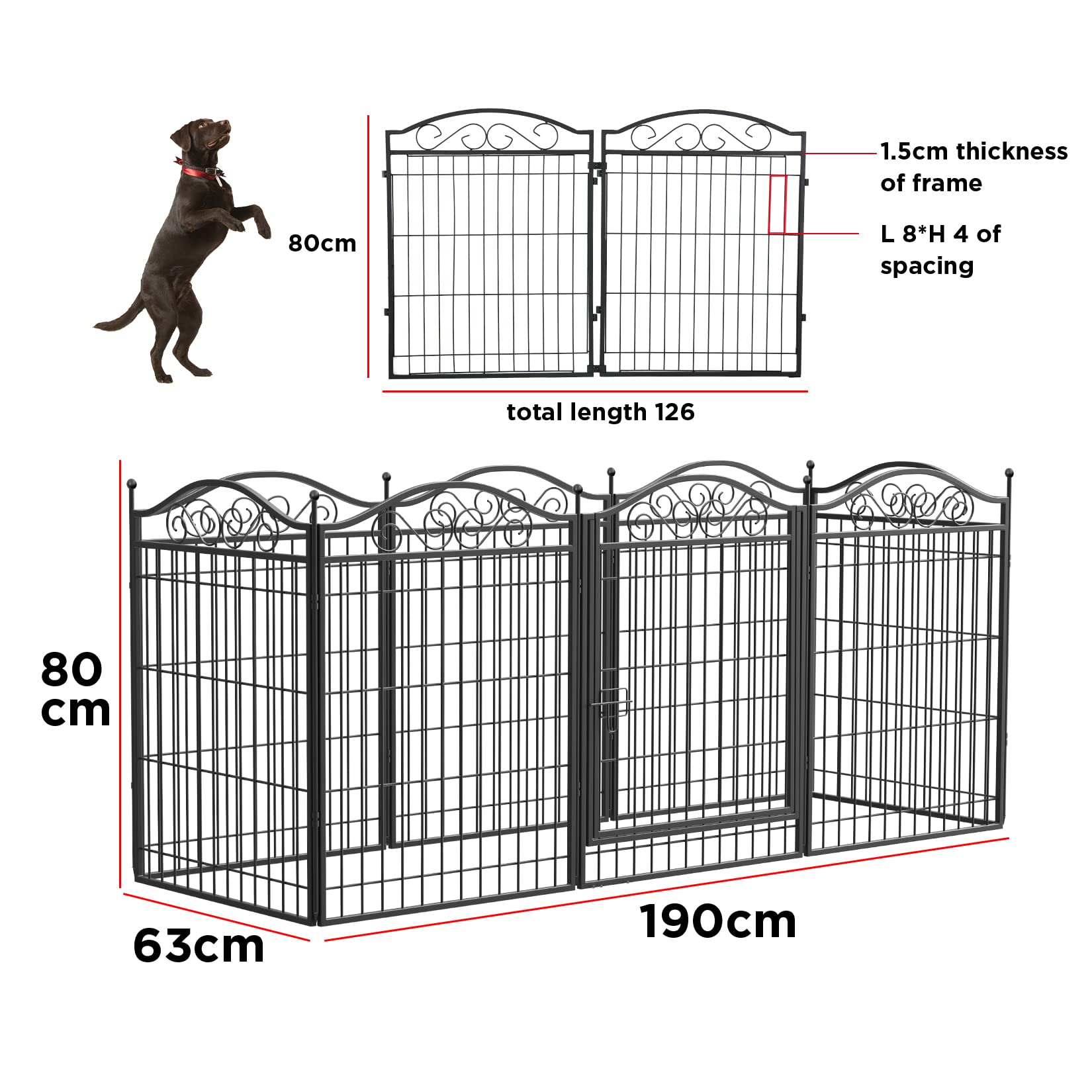 BingoPaw Parque para Mascotas Perros 8 Vallas Corral Plegable Valla Jardin Jaula Perrerras Cerca de Entrenamiento para Animales con Puerta y Postes para Vallas Interior Exterior Negro 190x63x80cm