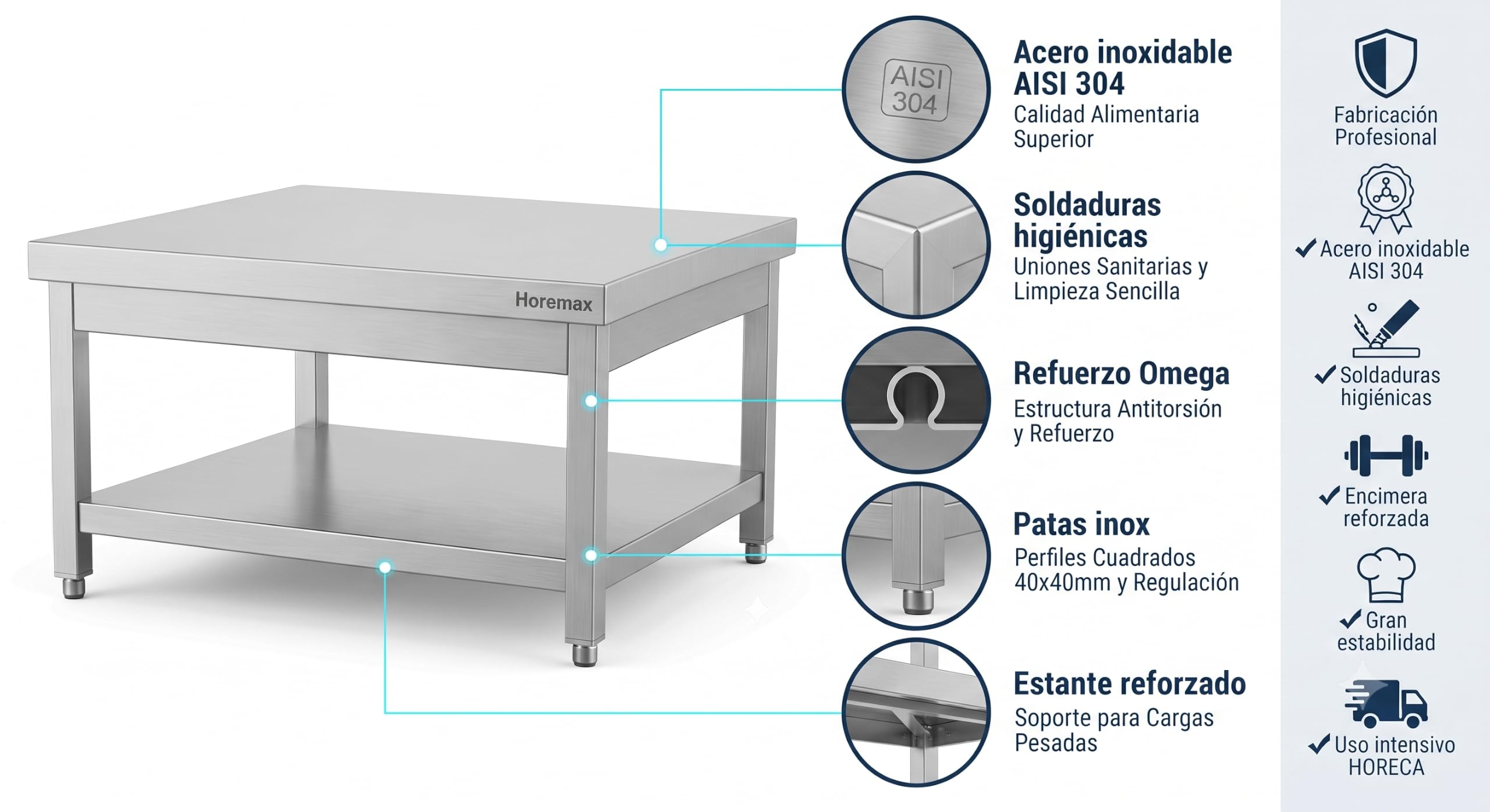 Mesa de Trabajo Central Baja de Acero Inoxidable AISI 304 con Estante Inferior, Mesa Auxiliar para Cocina Industrial y Hostelería, 700 x 600 x 600 mm
