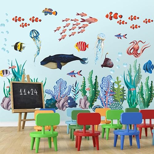 Miniatura 5 de Adhesivo creativo extraíble 3D bajo el mar para pared, diseño de hierba de coral, vida oceánica, despegar y pegar, decoración de pared de peces