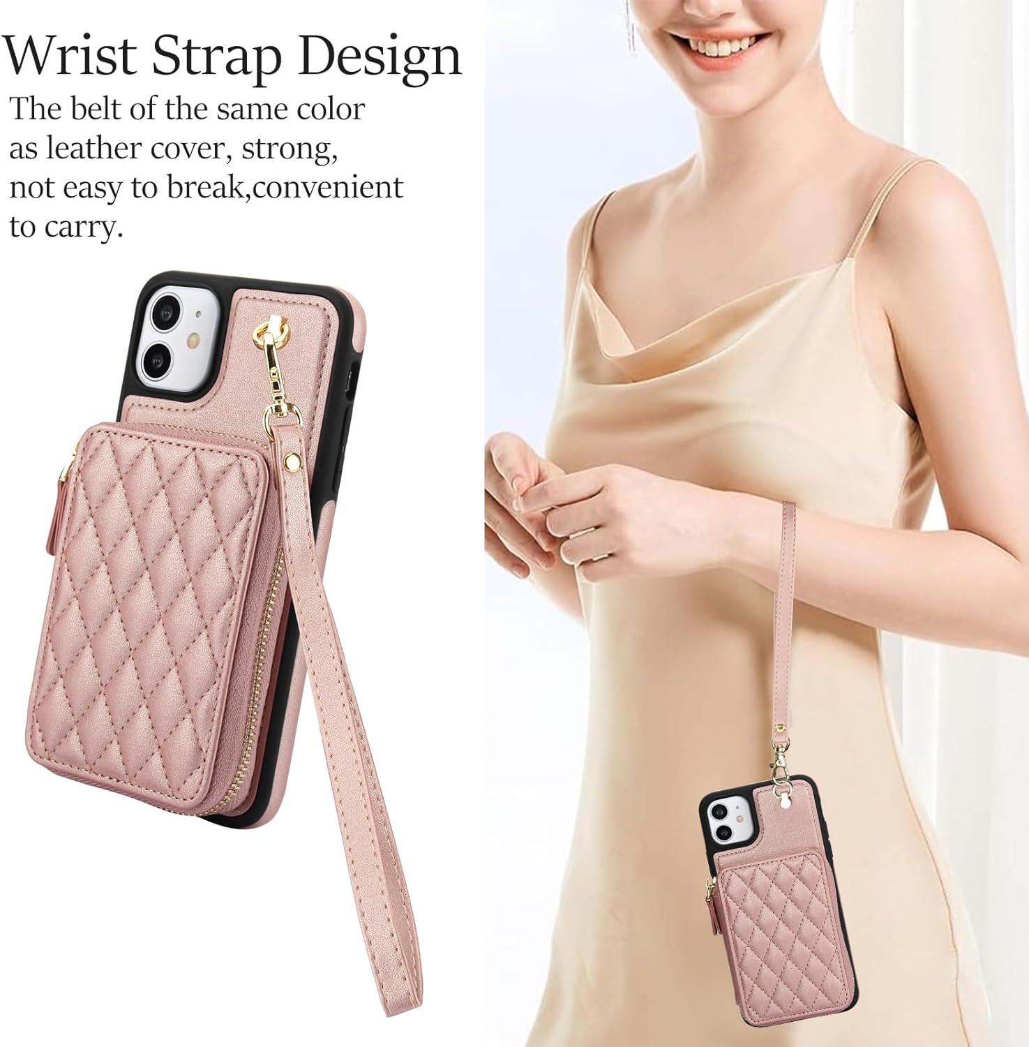 Phone Case for iPhone 11 6.1 Wallet Cell Cover with Tempered Glass Screen Protector Wrist Crossbody Strap RFID Blocking Card Holder iphone11case iPhone11 i Phone11 11s XI 11R Women Girls Rose Gold