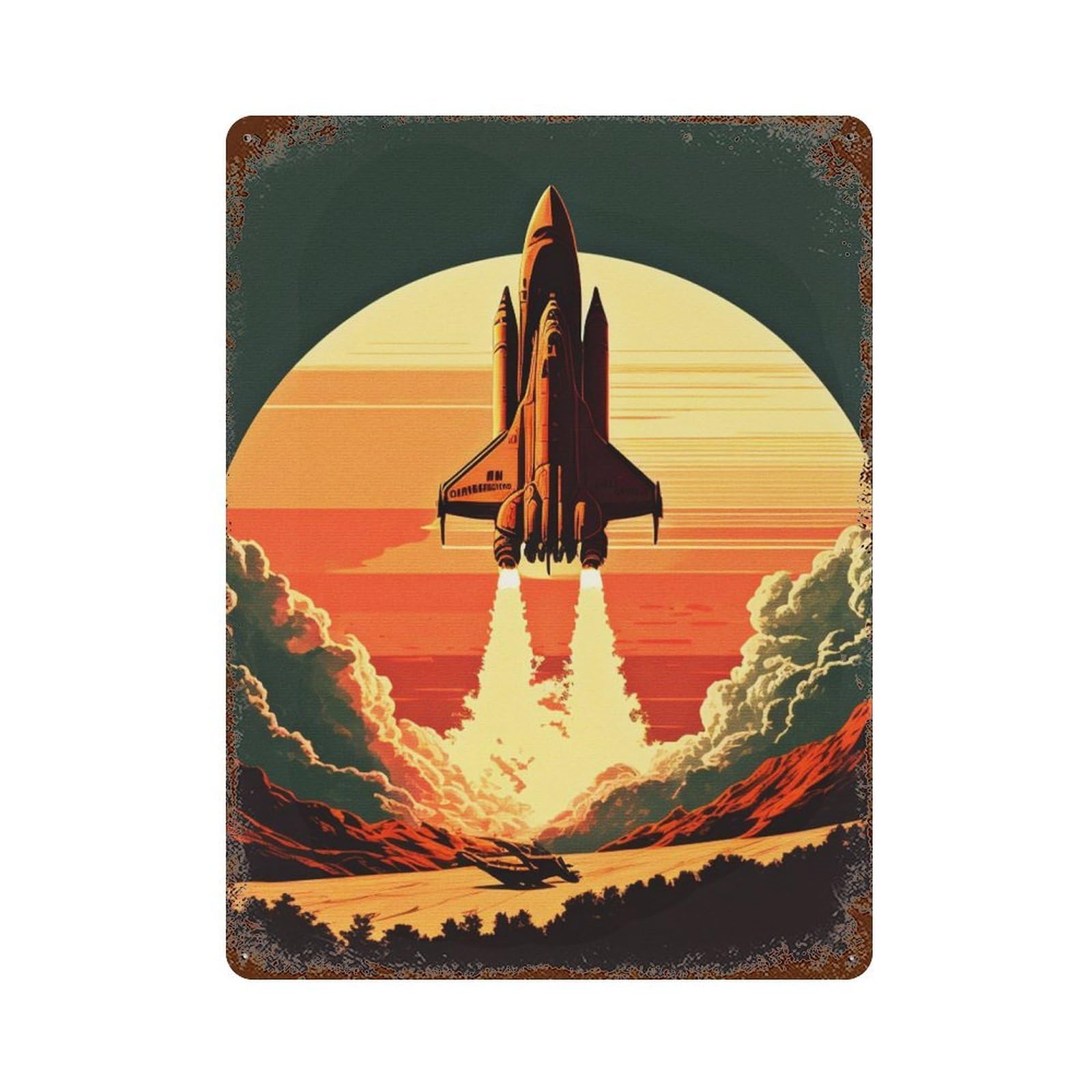 Distressed Metal Wall Sign Rocket In Space 15.7"x11.8", Vintage Wall Decor for Garage, Bar And Workshop Decor