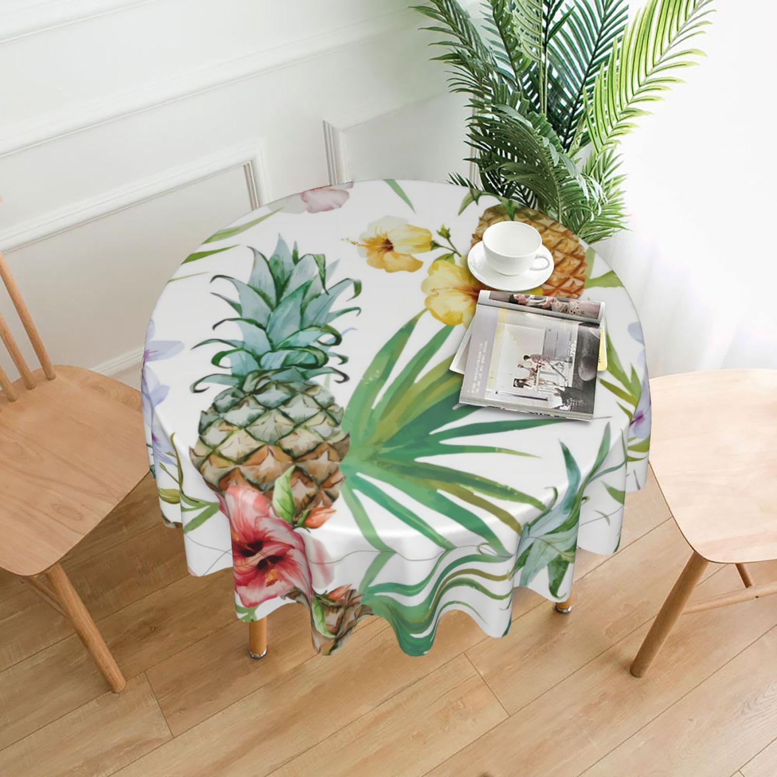 HLSBSSL Tropical Pineapple Printed round decorative tablecloth, 60 inches, suitable for various tables in the living room, dining room, coffee table, etc.