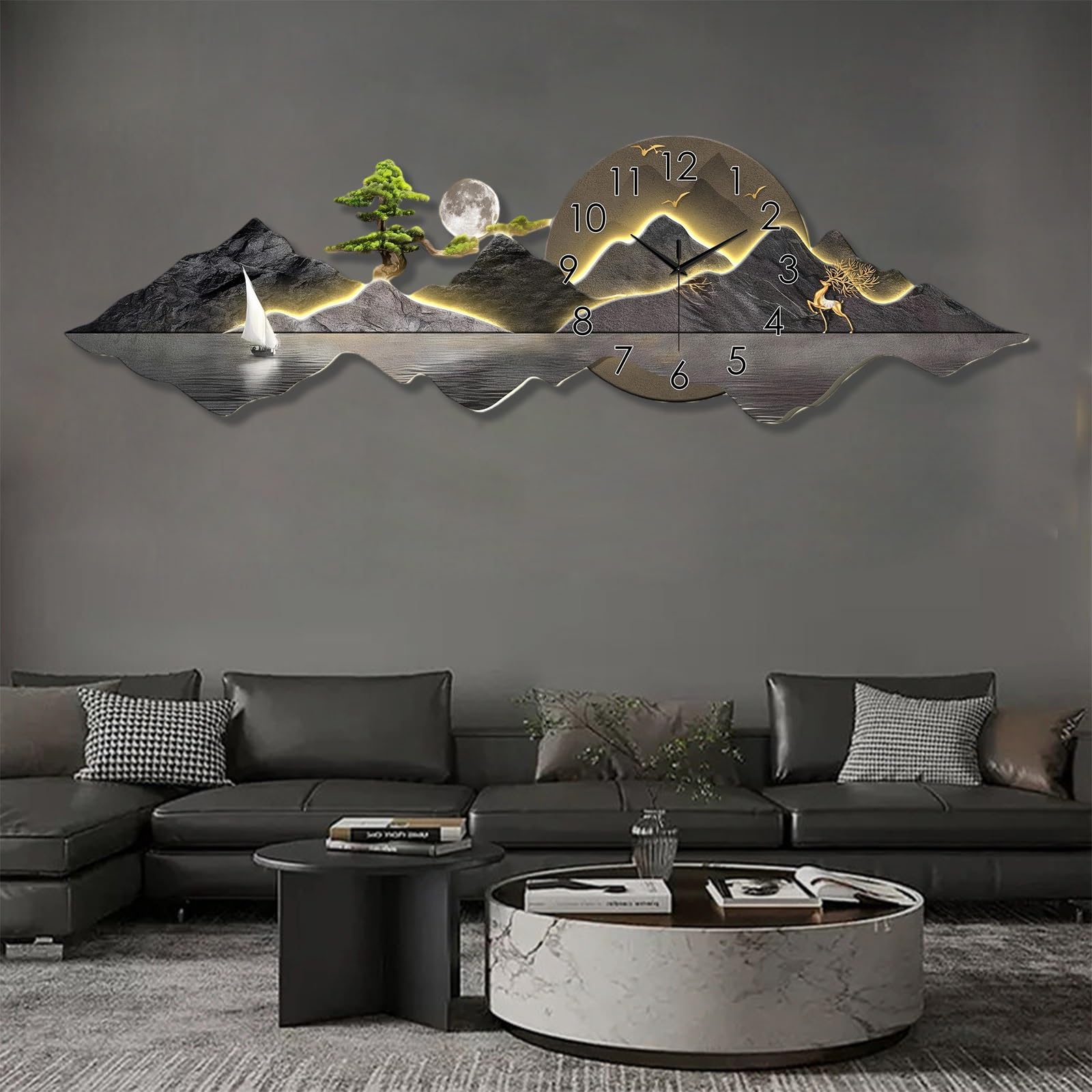 MESCXTY Landscape Painting 3D Wall Art Clock Stylish Modern Clocks Silent with Light,Large Creative Decorative Clock,for Office, Home, Bathroom, Bedroom, School(Gold 2,59 * 19.7in)