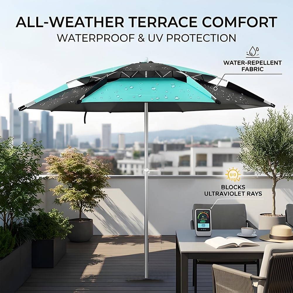 Genérico Sombrilla Playa Antiviento 2/2.2/2.40m Paraguas Playa Plegable con Bolsa de Transporte, Parasol de Jardín Reclinable Portátil Sombrilla Protección Solar para Terraza Piscina(Cian,2.20m)