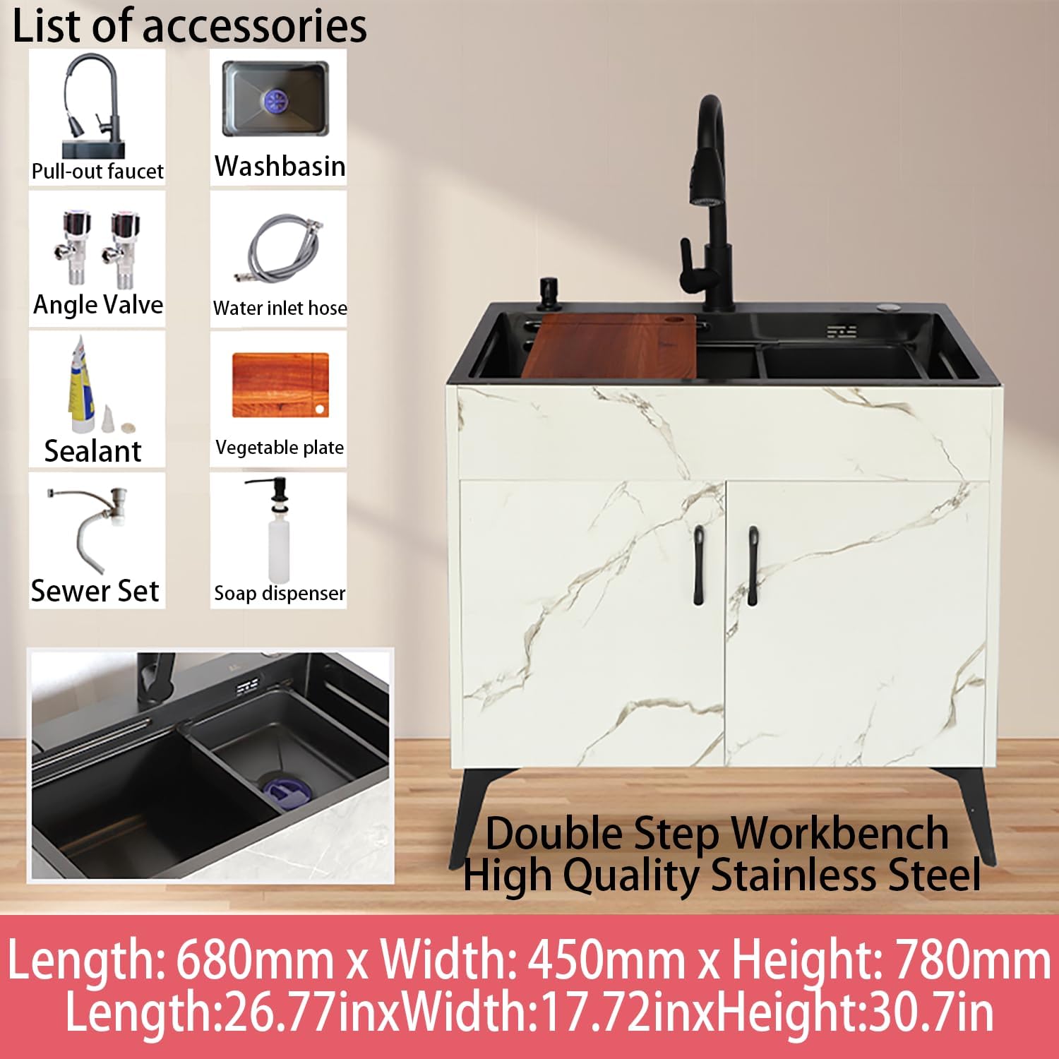 23.6-29.5In Stainless Steel Laundry Sink,Freestanding Utility Sink,Kitchen Sink And Cabinet Combo,with Pull-Out Faucet,Nano-Coated,Ideal for Bathroom,Garage And Outdoor,White,680 * 450mm