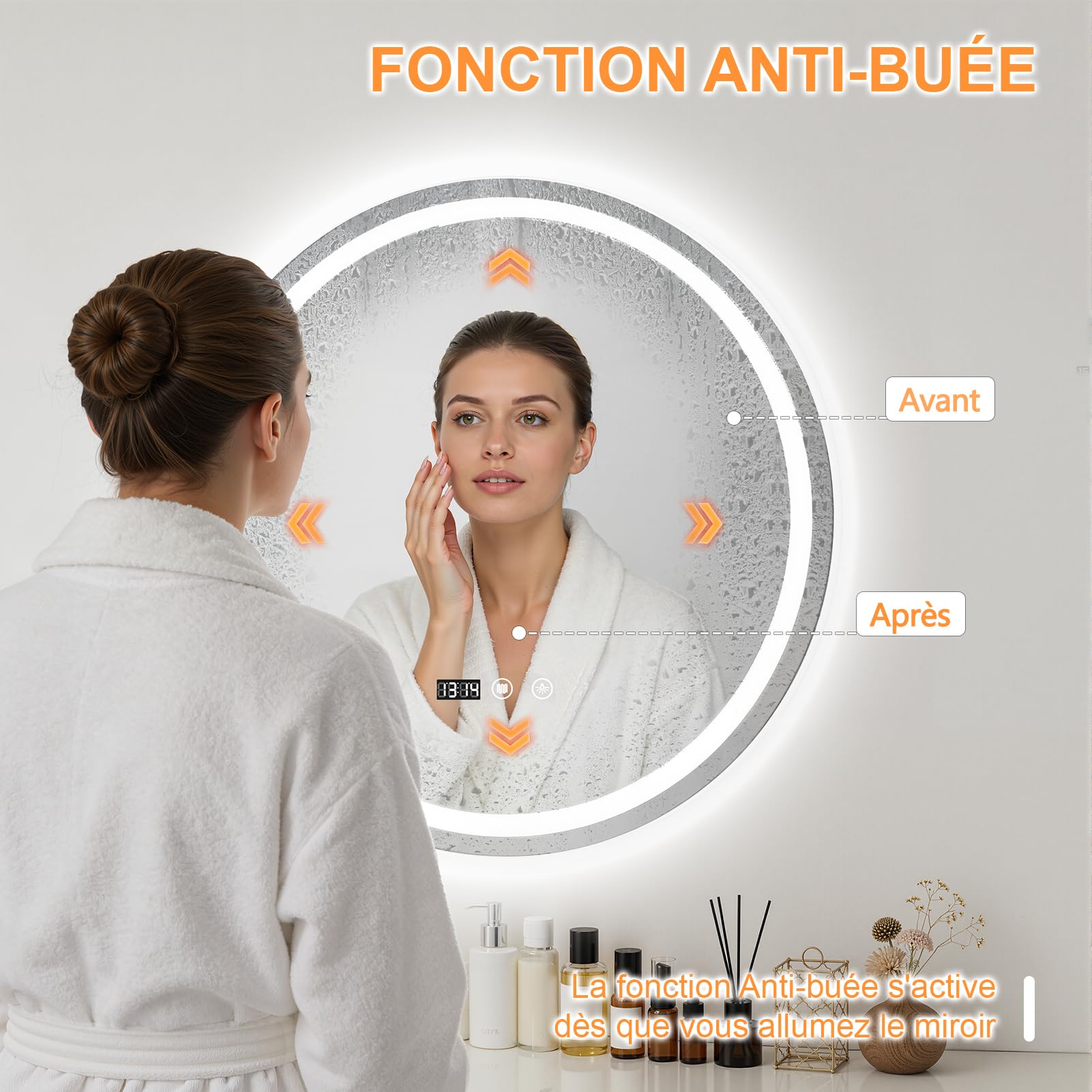 Miroir Salle de Bain avec Eclairage, Miroir LED Salle de Bain de Maquillage Anti-Buée avec Interrupteur Tactile, Miroirs Lumineux Salles de Bain (60×60cm)