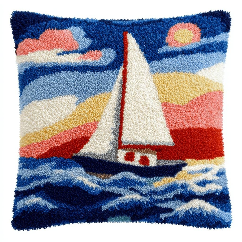 Latch Hook Pillow Kit For Adults,Sailboat 17X17In Latch Hook Kit For Pillow Cover With Instruction For Beginner Cross Stitch Sofa Cushion Cover With Crochet Yarn For Beginners And Home Decor