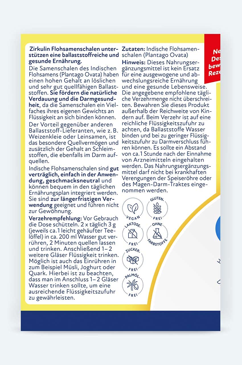 Zirkulin Flohsamenschalen, reich an hochwertigen Ballaststoffen, vegan, glutenfrei geschmacksneutrales Nahrungsergänzungsmittel zur Unterstützung der natürlichen Verdauung, (6 x 250g)