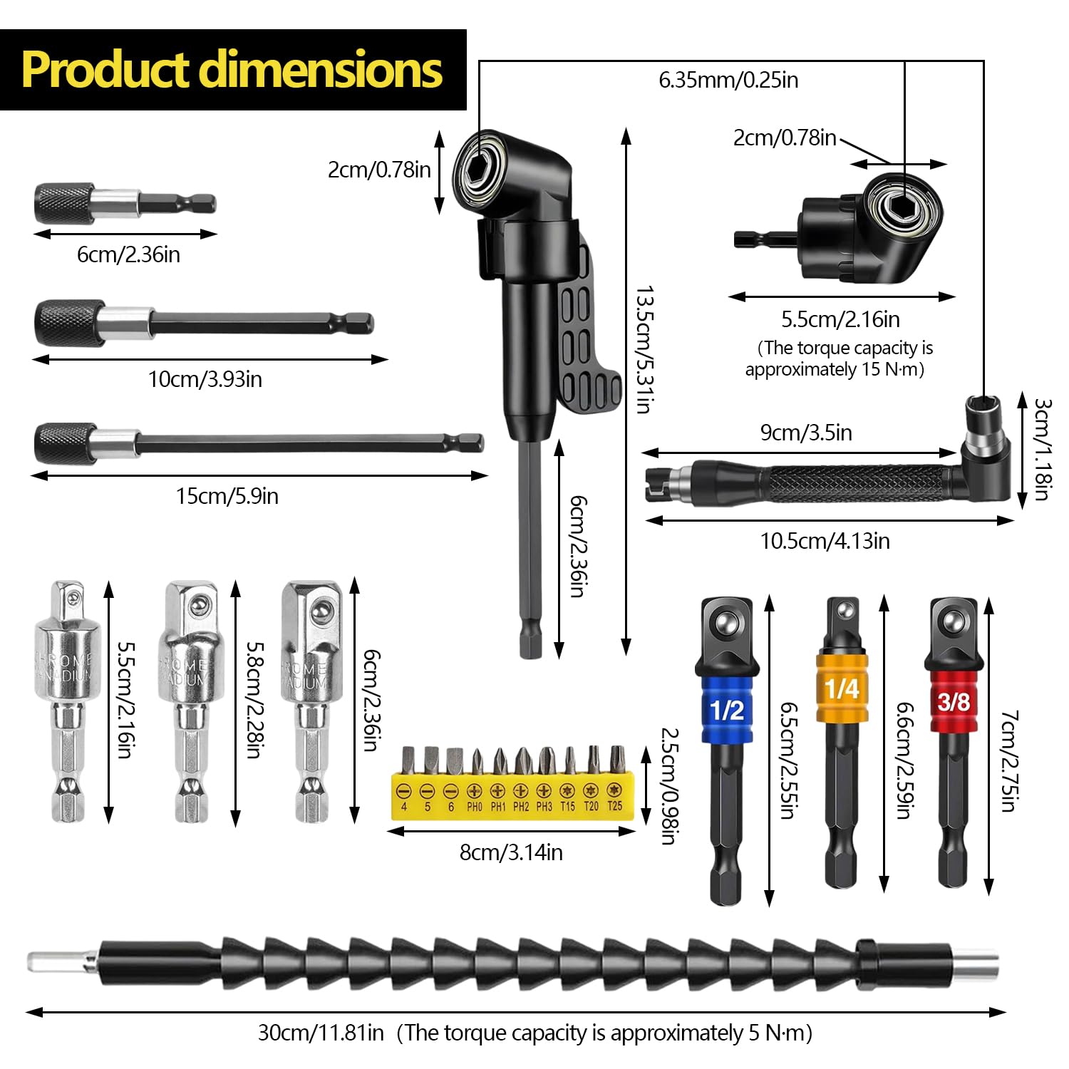 23 Pièces Kit de Renvoi d'Angle Visseuse avec Embout Visseuse et Renvoi d'Angle Clé Prolongateur et Autres Accessoires Idéal pour Réparation Bricolage et Rénovation Maison