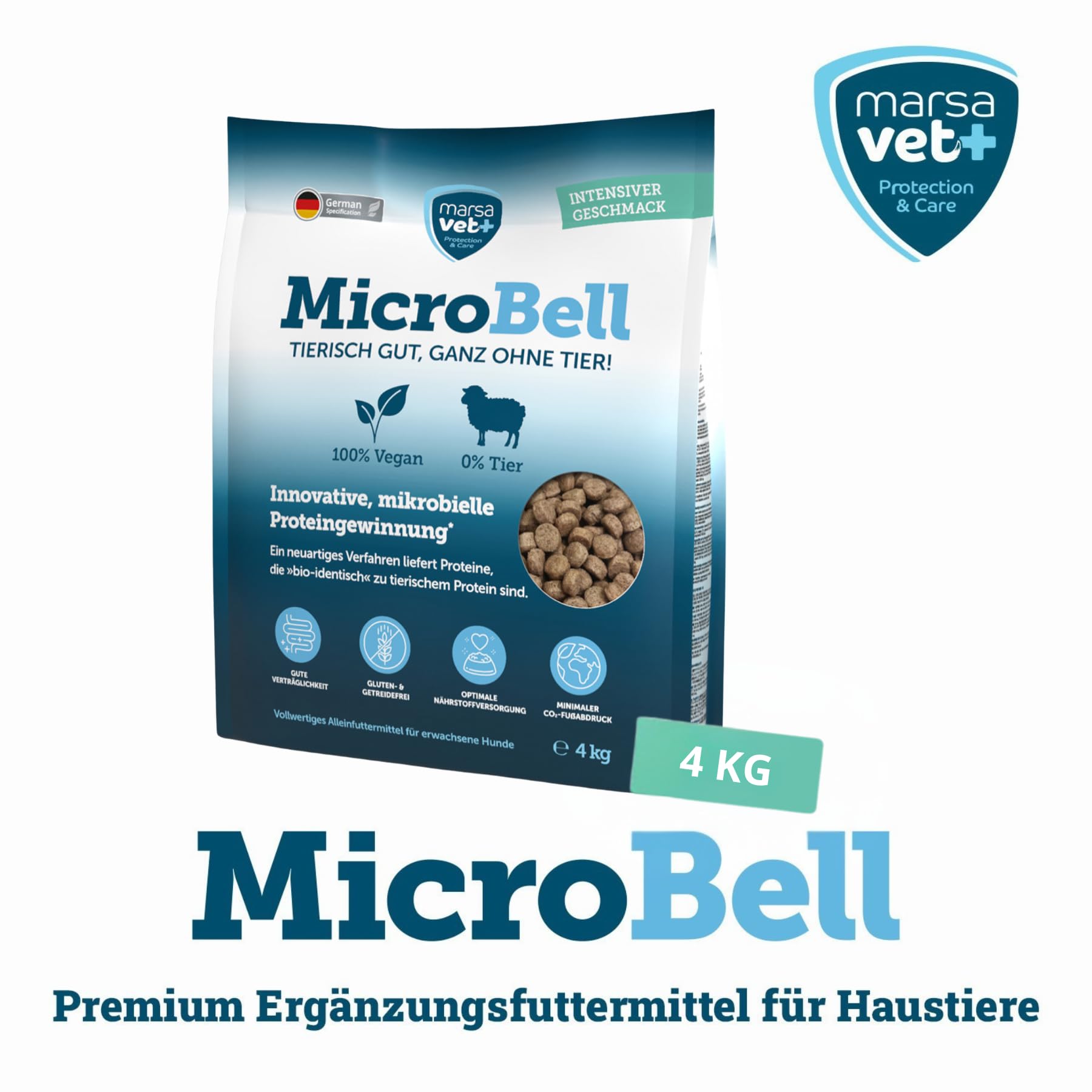 Marsavet sucha karma MicroBell – 4 kg, monoproteinowa karma dla psów z białkami mikrobiologicznymi, odpowiednia dla wegetarian, alergików i wrażliwych psów, bez glutenu i zbóż.