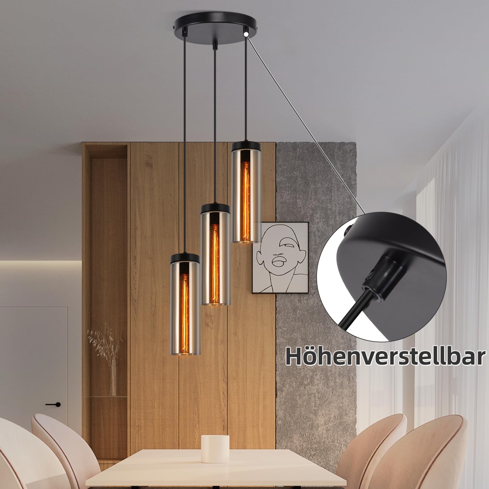 CBJKTX Hängelampe Vintage Hängeleuchte Esstisch-Pendelleuchte 3 Flammig | Glas Esstischlampe Industrial E27 Esszimmerlampe Höhenverstellbar Pendellampe Hängend für Küche Wohnzimmer ohne Leuchtmittel