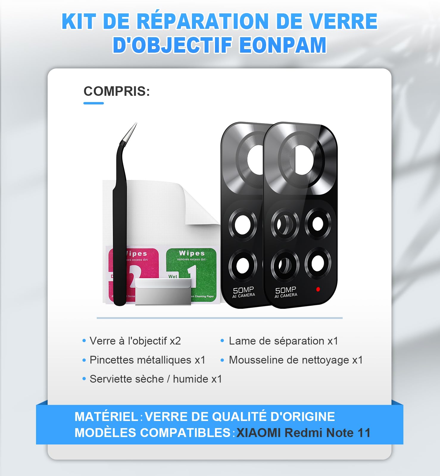 Vitre Lentille Appareil Photo Complet Pour Xiaomi Redmi Note 11 – Avec Contour, Neuf Sous Blister