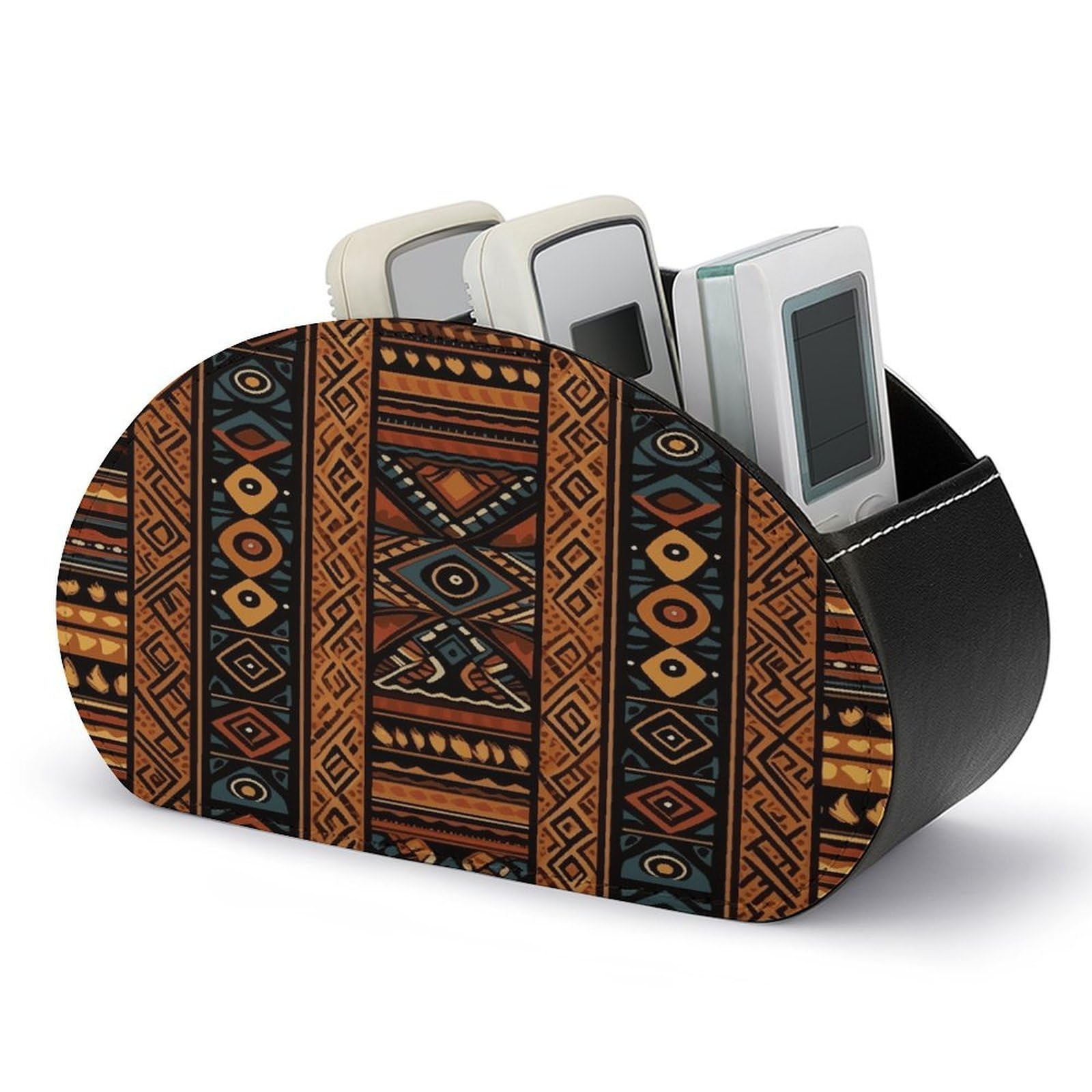 VstaDank Traditional African Design Pattern Remote Control Holder Farmhouse TV Media Remote Storage Box with 5 Compartments PU Leather Remote Caddy Desktop Organizer for Home Bedside Table Organizer