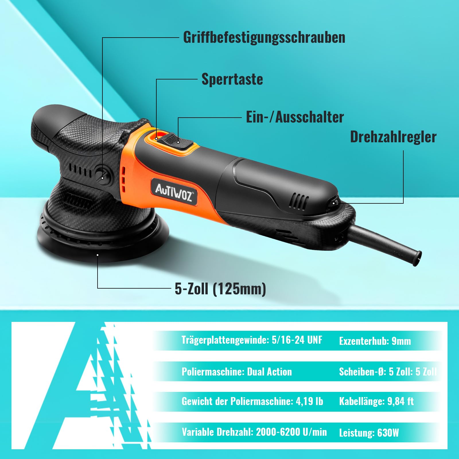 AUTIWOZ W01 125mm Auto Poliermaschine,Kleine Exzenterpolierer,9mm Orbit Politur Set,Polier maschine mit 6 variablen Geschwindigkeiten (2000-6200 U/min),für Autodetailing Polieren und Wachsen