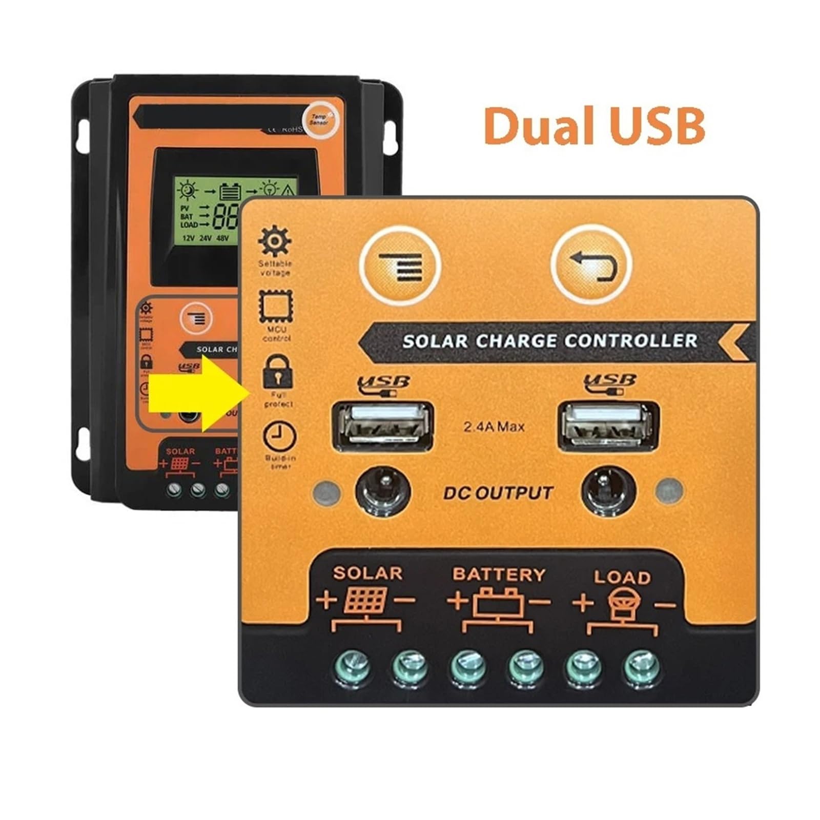 Regulator ładowania słonecznego Automatyczny regulator ładowania słonecznego 12 V do 24 V DC, regulator 30 A z podwójnym wyjściem USB, wyświetlacz LCD, wejście panelu słonecznego maks. 55 V