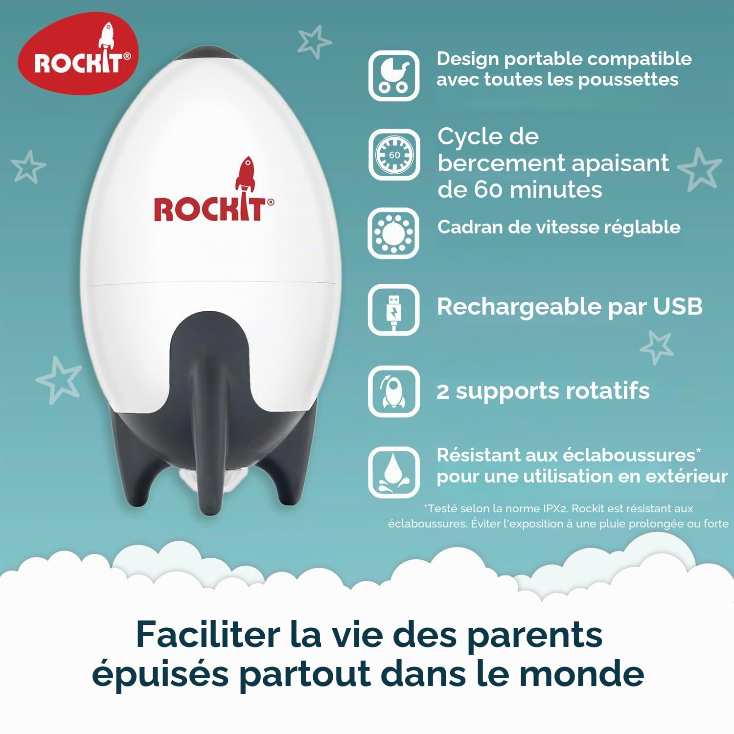 Rockit Rocker rechargeable avec deux supports – Aide au sommeil pour bébé qui berce doucement n'importe quelle poussette ou landau, vitesse réglable avec minuterie de 60 minutes – S'adapte à toutes