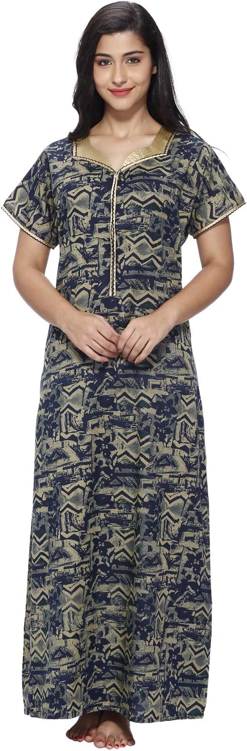 VIXENWRAP Women's Printed Cotton Nighty (VBT193729NT, Blue and Green, Large)
