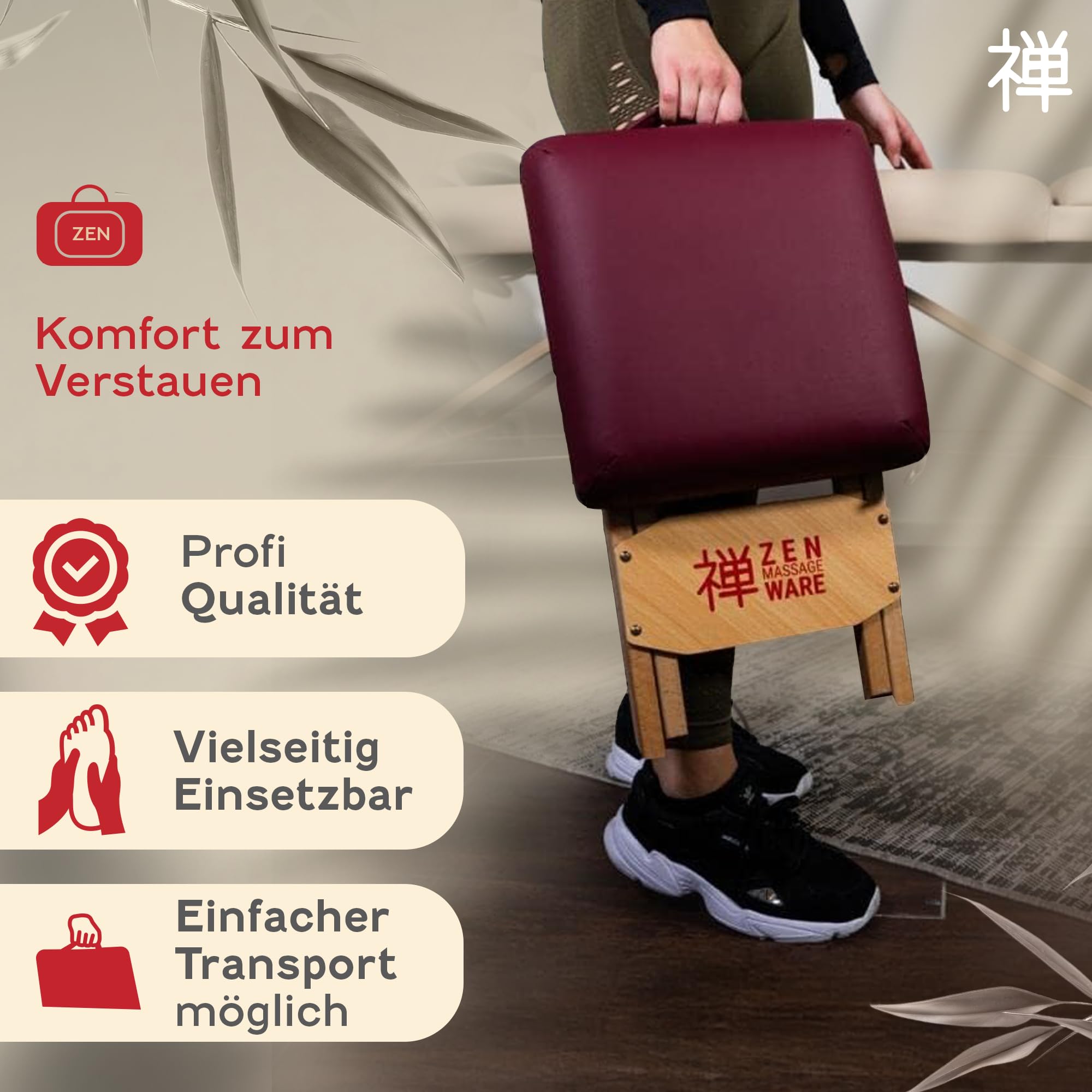 Zen tragbarer Klapphocker faltbar aus Holz 48 x 33 x 33 cm vielseitige Hocker ideal als Massage Zubehör Falthocker, Friseurhocker, Kosmetikhocker, Arzthocker - Klappstuhl geplostert & bequem (Cremé)